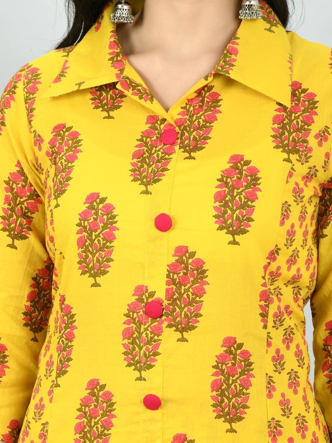 Women's Yellow Cotton Printed 3/4 Sleeve Shirt Coller Casual Kurta Pant Set - Myshka
