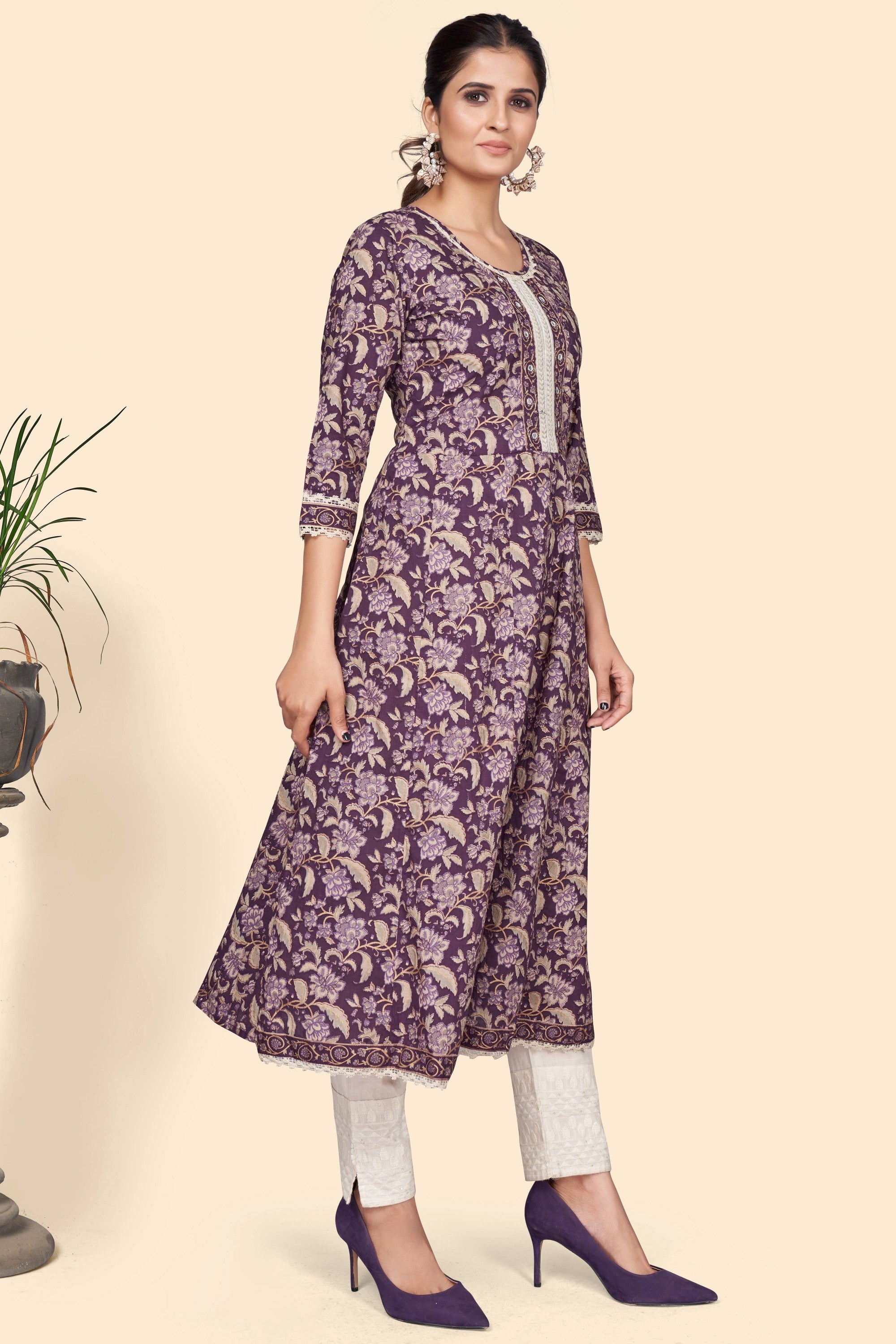 Women's Floral Print A-Line Cotton Purple Stitched Kurta - Vbuyz