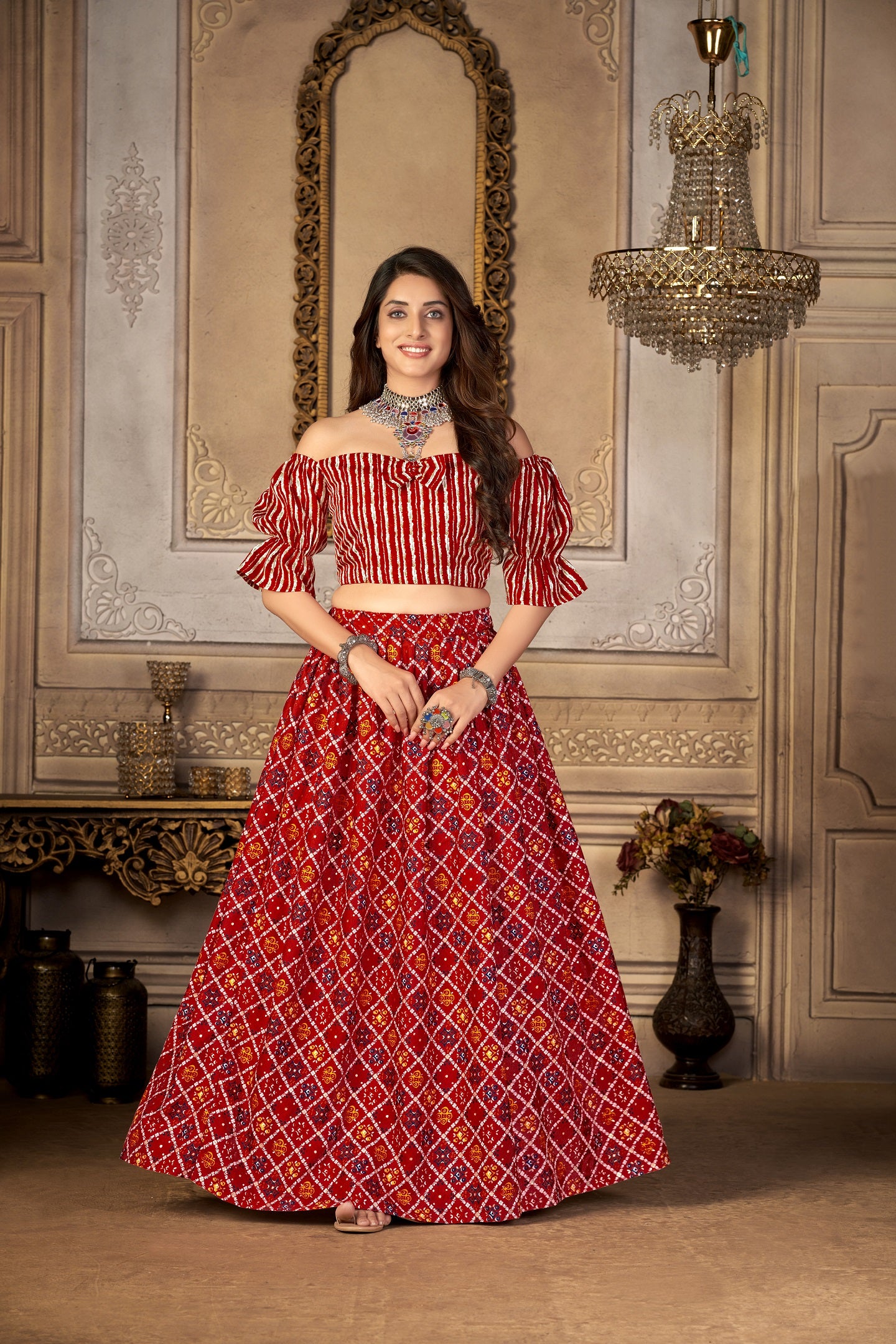 Women's Red Moscow Printed Ready-Made Choli Skirt - Dwija Fashion