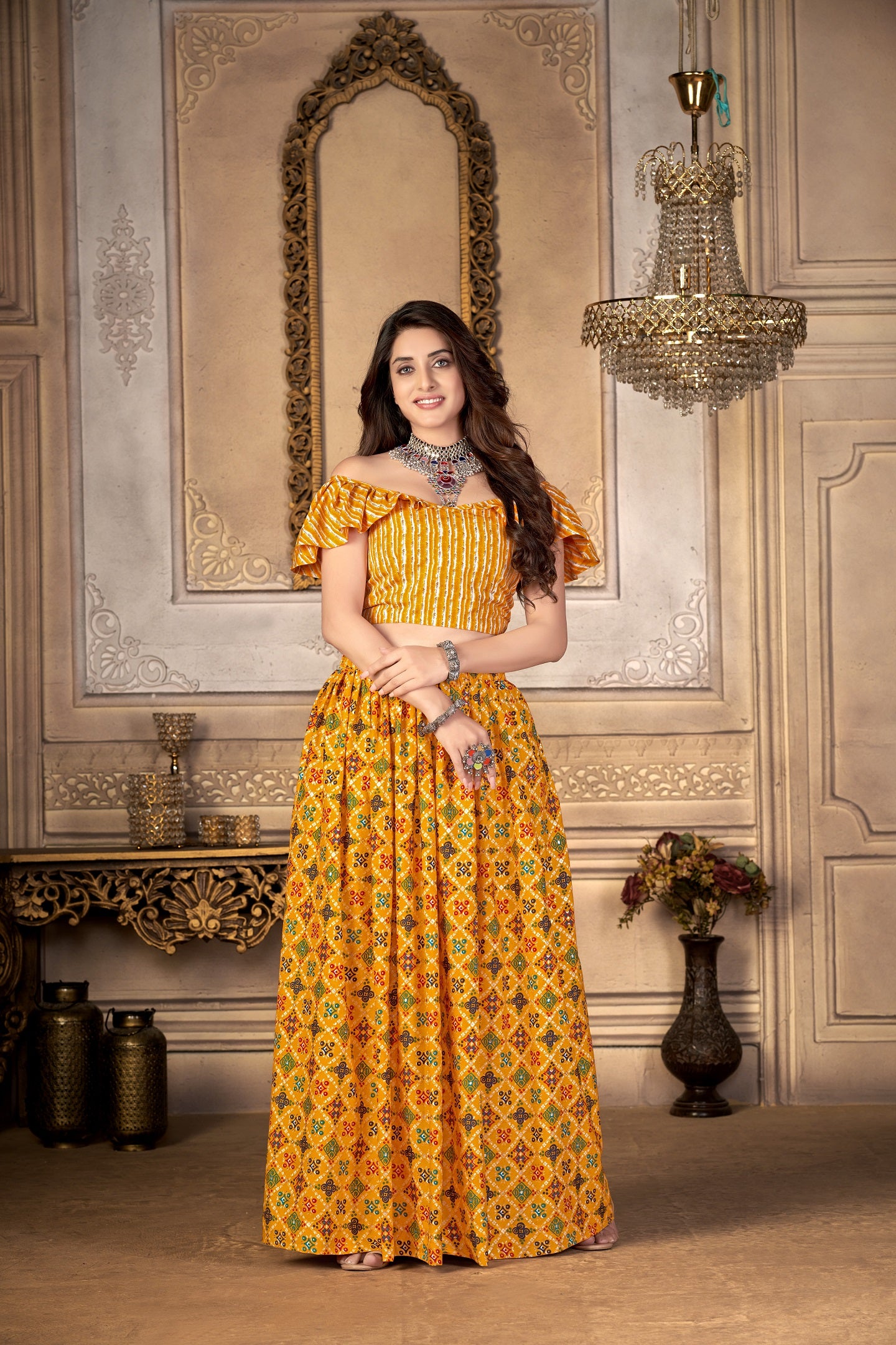 Women's Yellow Moscow Printed Ready-Made Choli Skirt - Dwija Fashion
