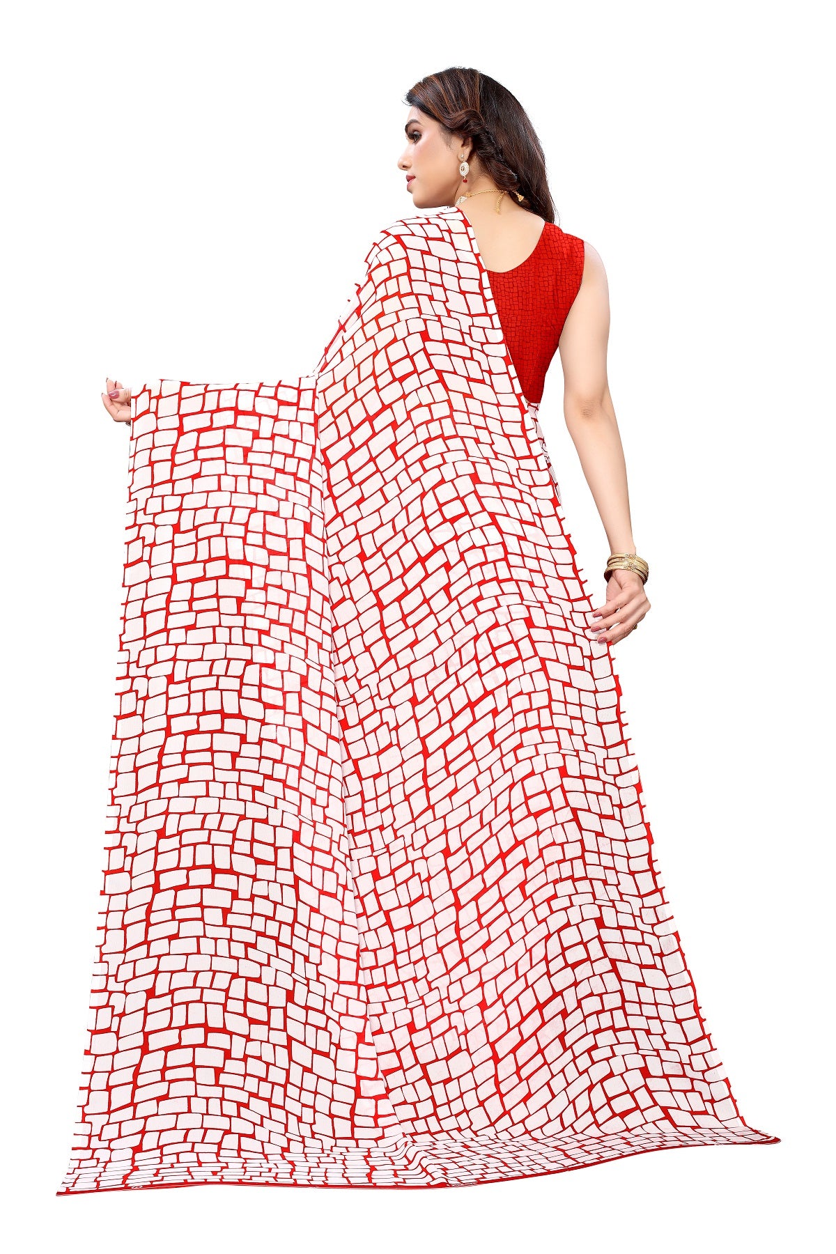 Women's Red Printed Georgette Saree - Vamika