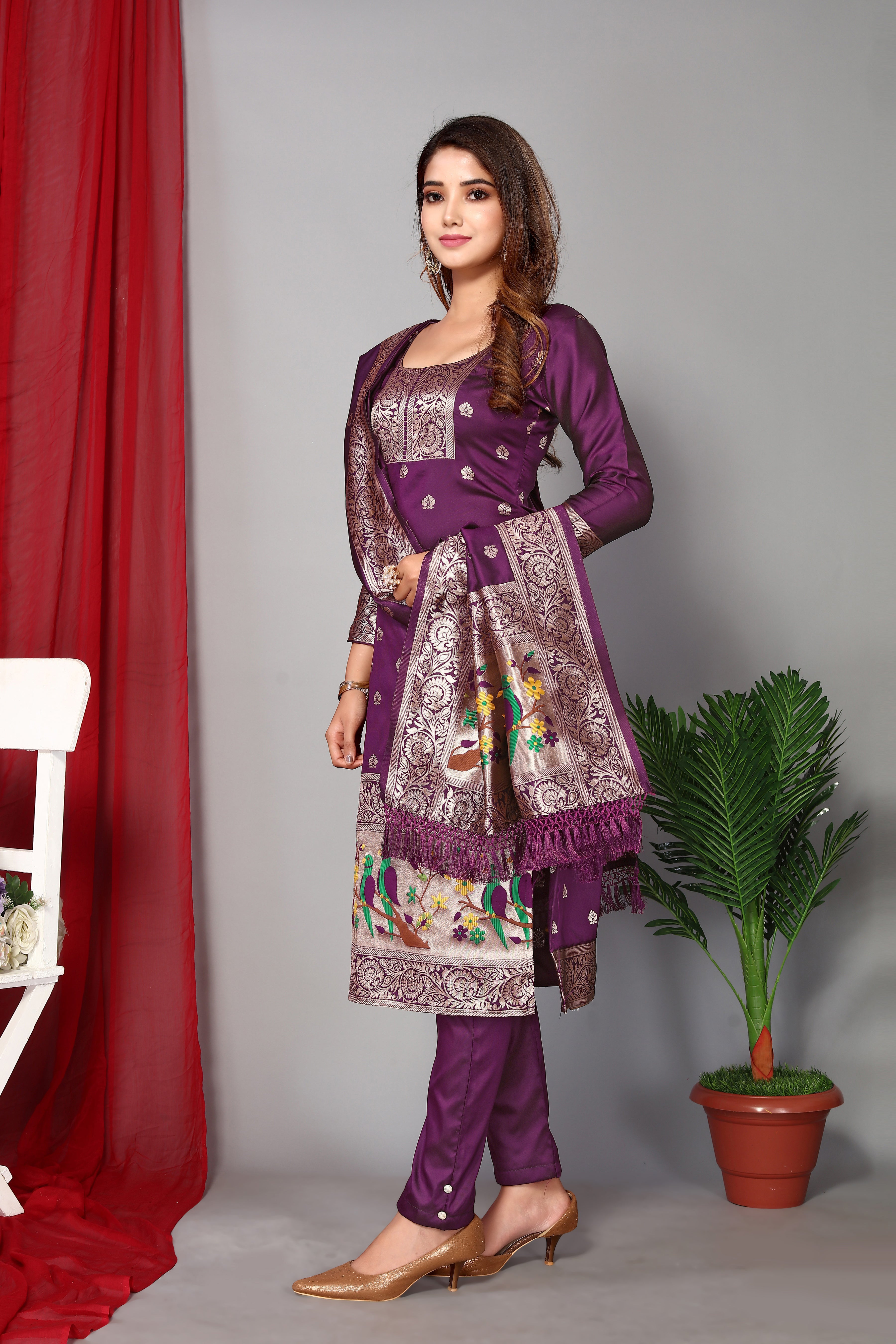 Women's Purple Paithani Dress Mateiral Collection - Dwija Fashion