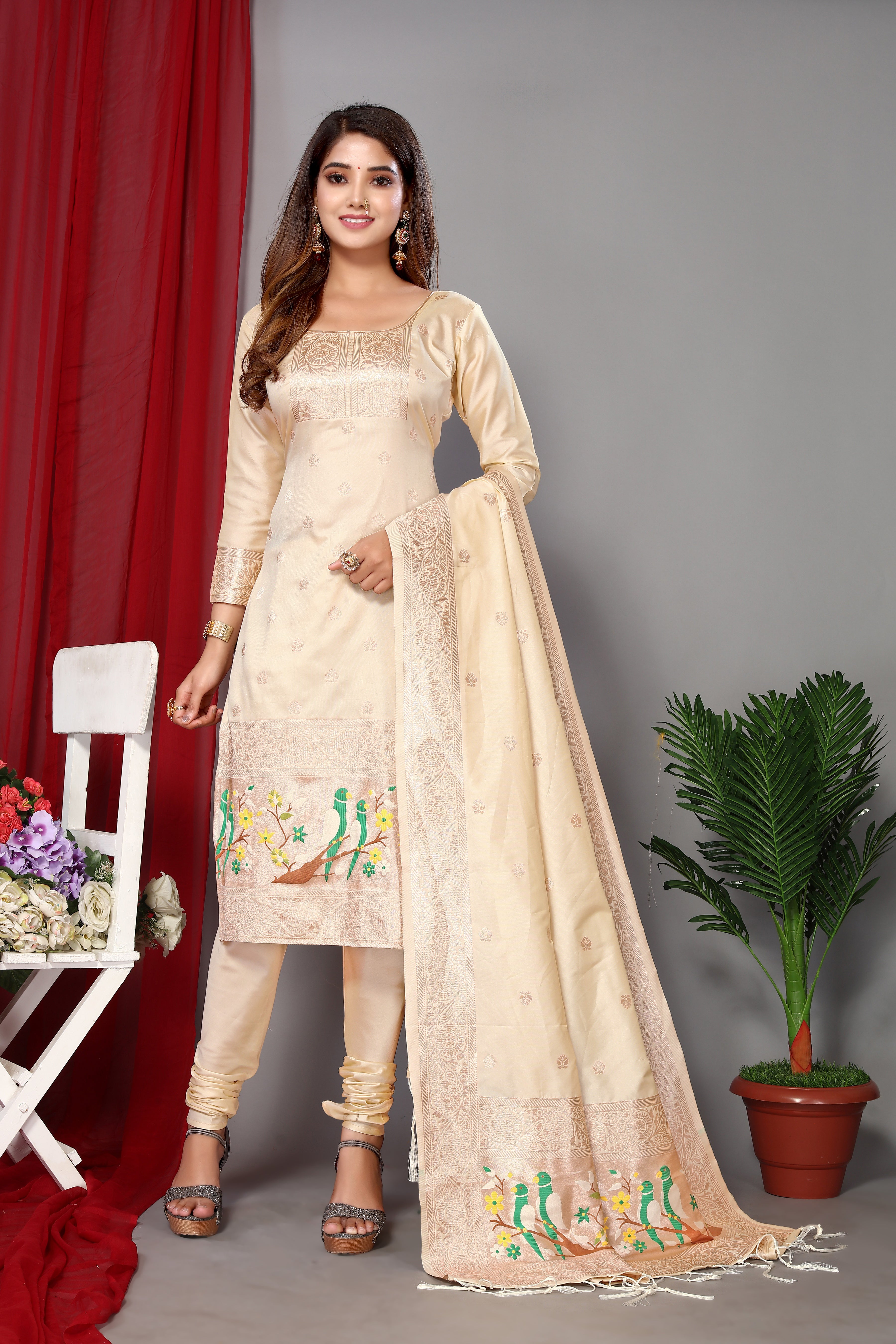Women's White Paithani Dress Mateiral Collection - Dwija Fashion