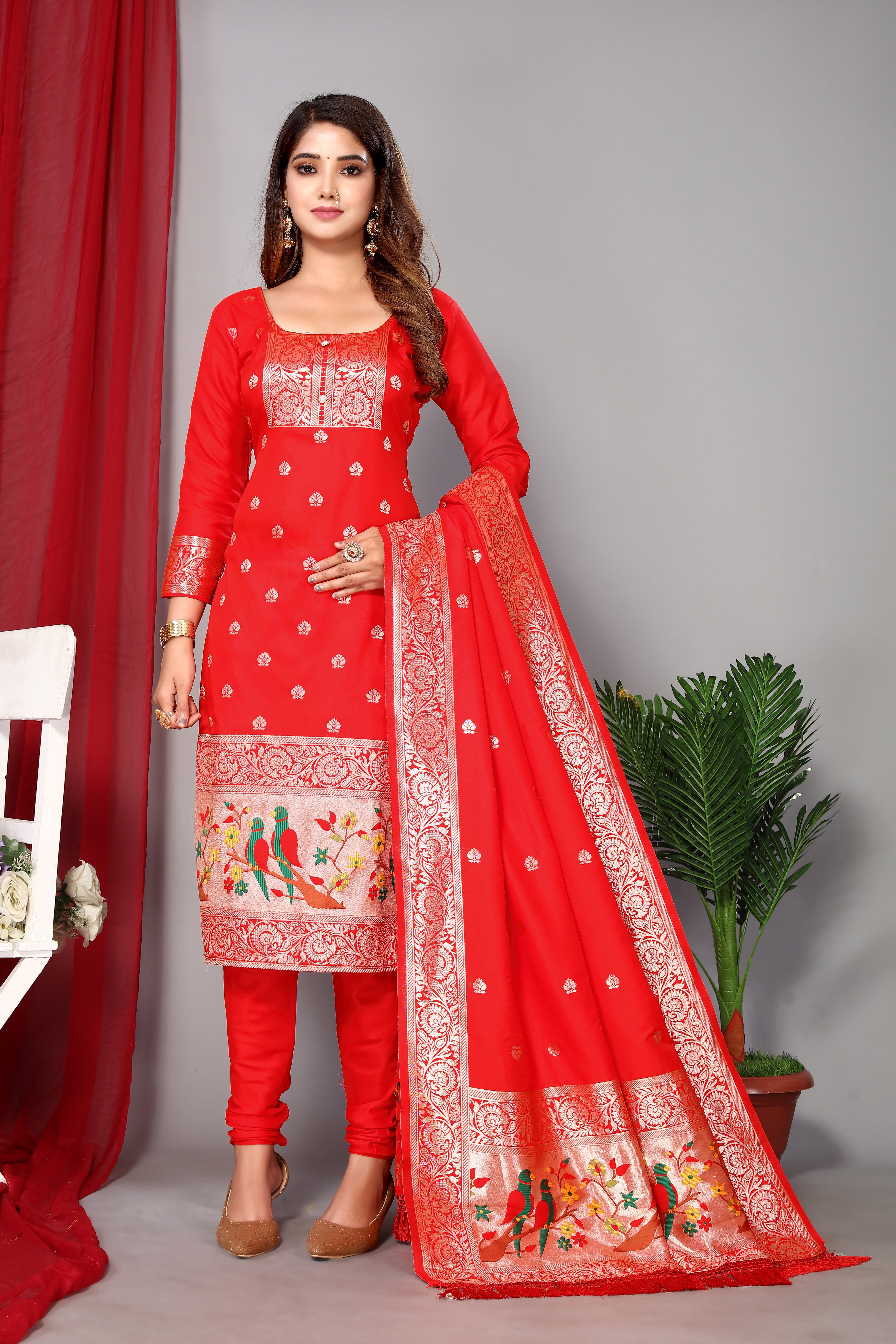 Women's Red Paithani Dress Mateiral Collection - Dwija Fashion