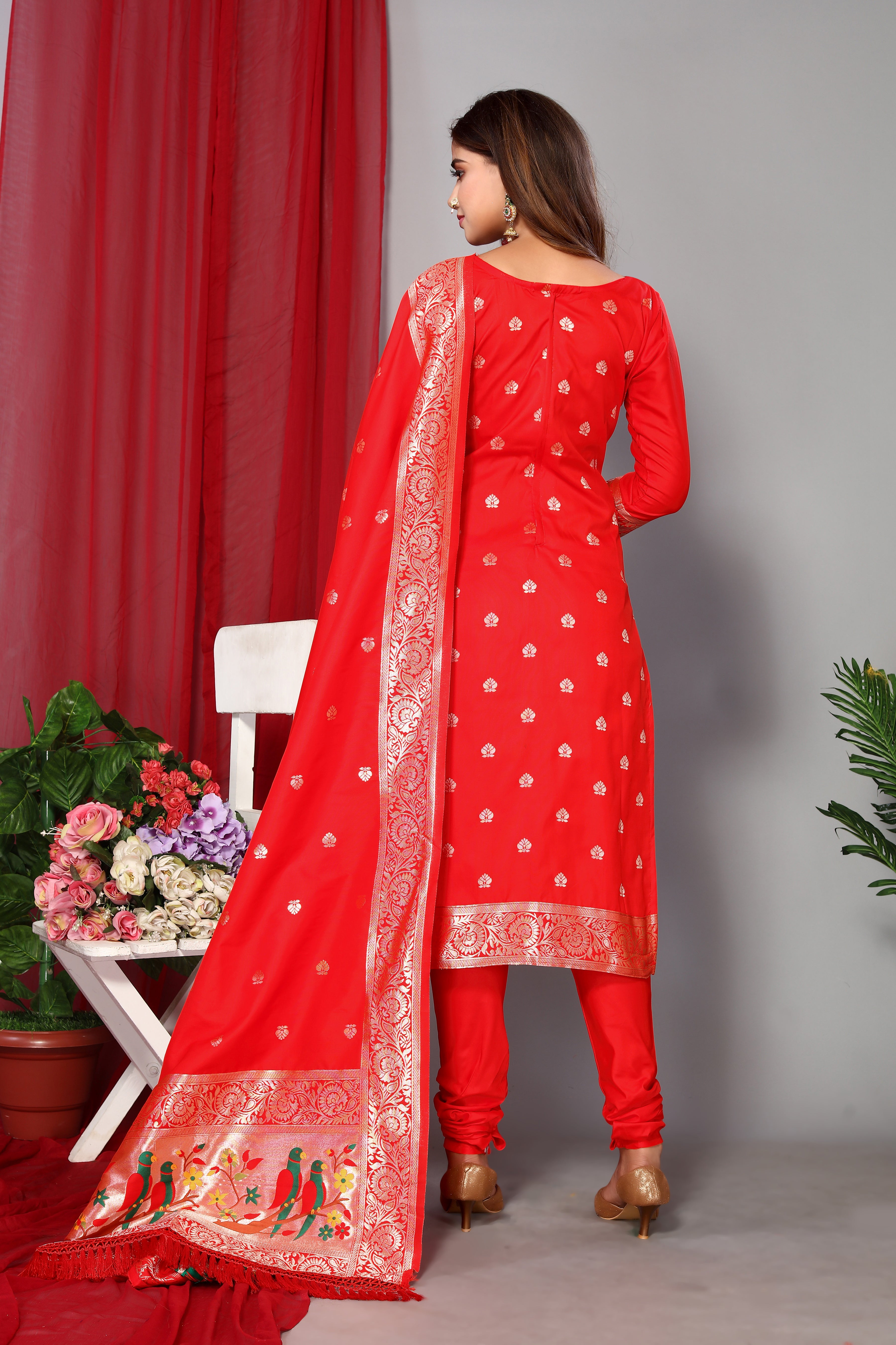Women's Red Paithani Dress Mateiral Collection - Dwija Fashion