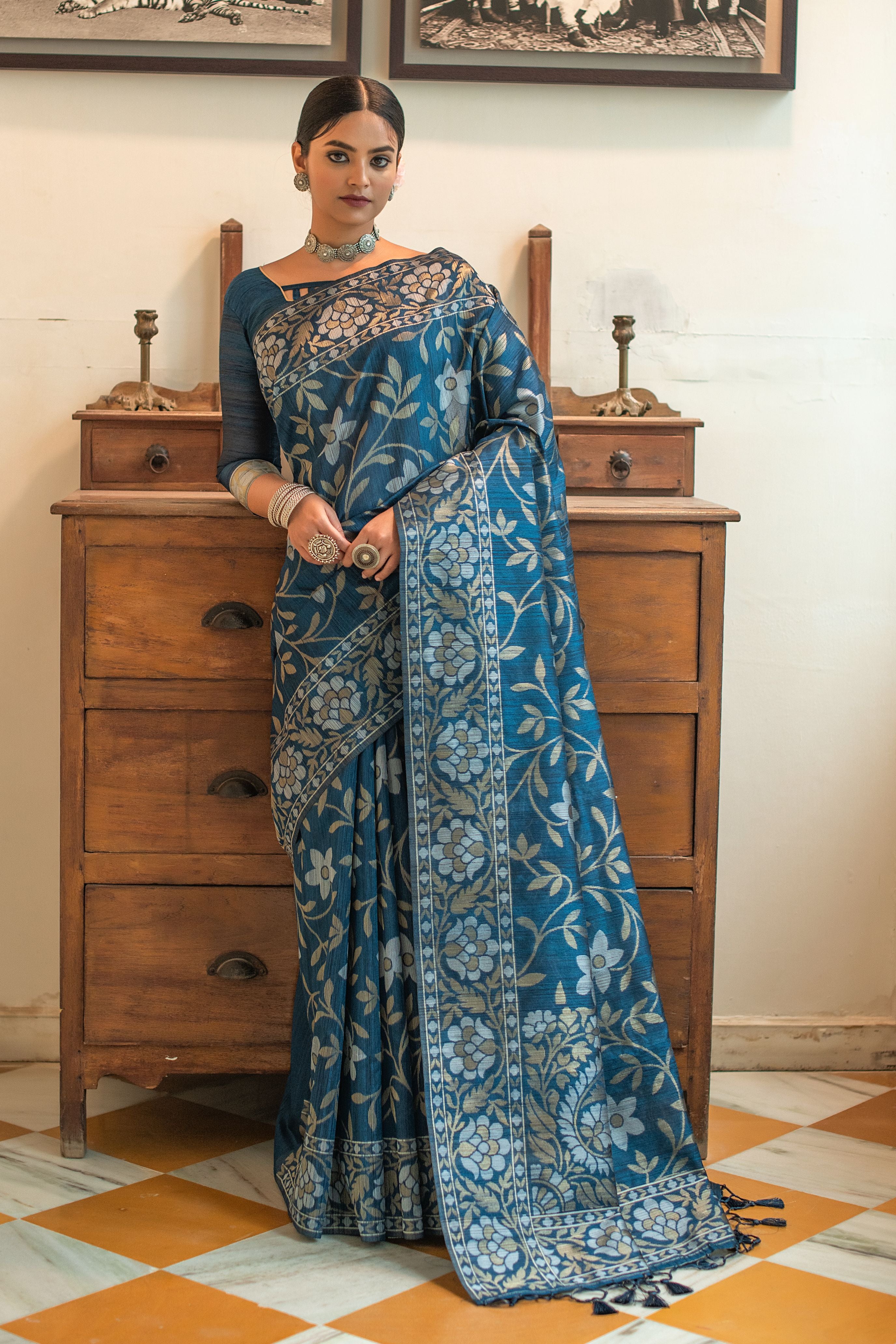 Women's Blue Woven Tussar Silk Saree With Tassels - Vishnu Weaves