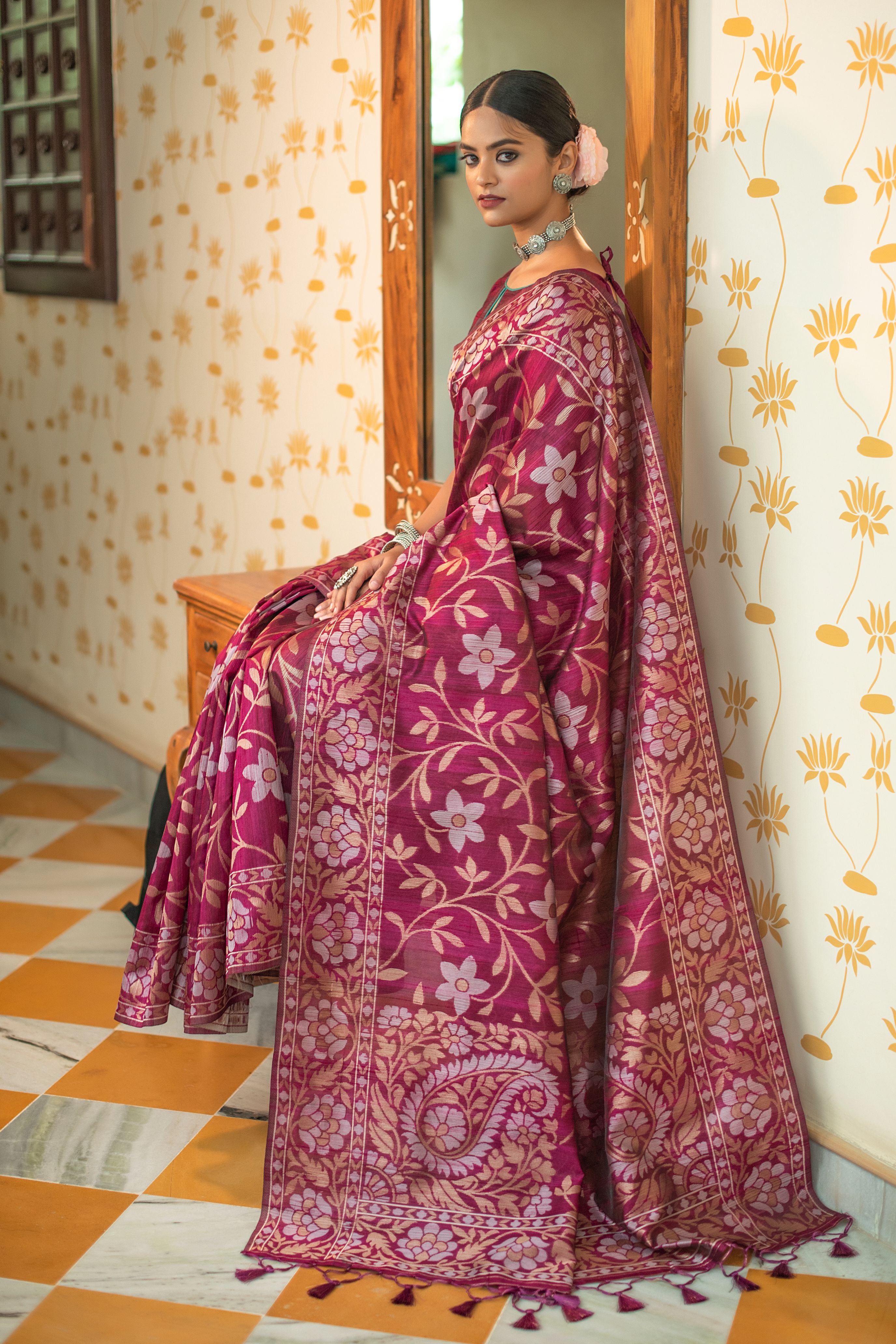 Women's Wine Woven Tussar Silk Saree With Tassels - Vishnu Weaves