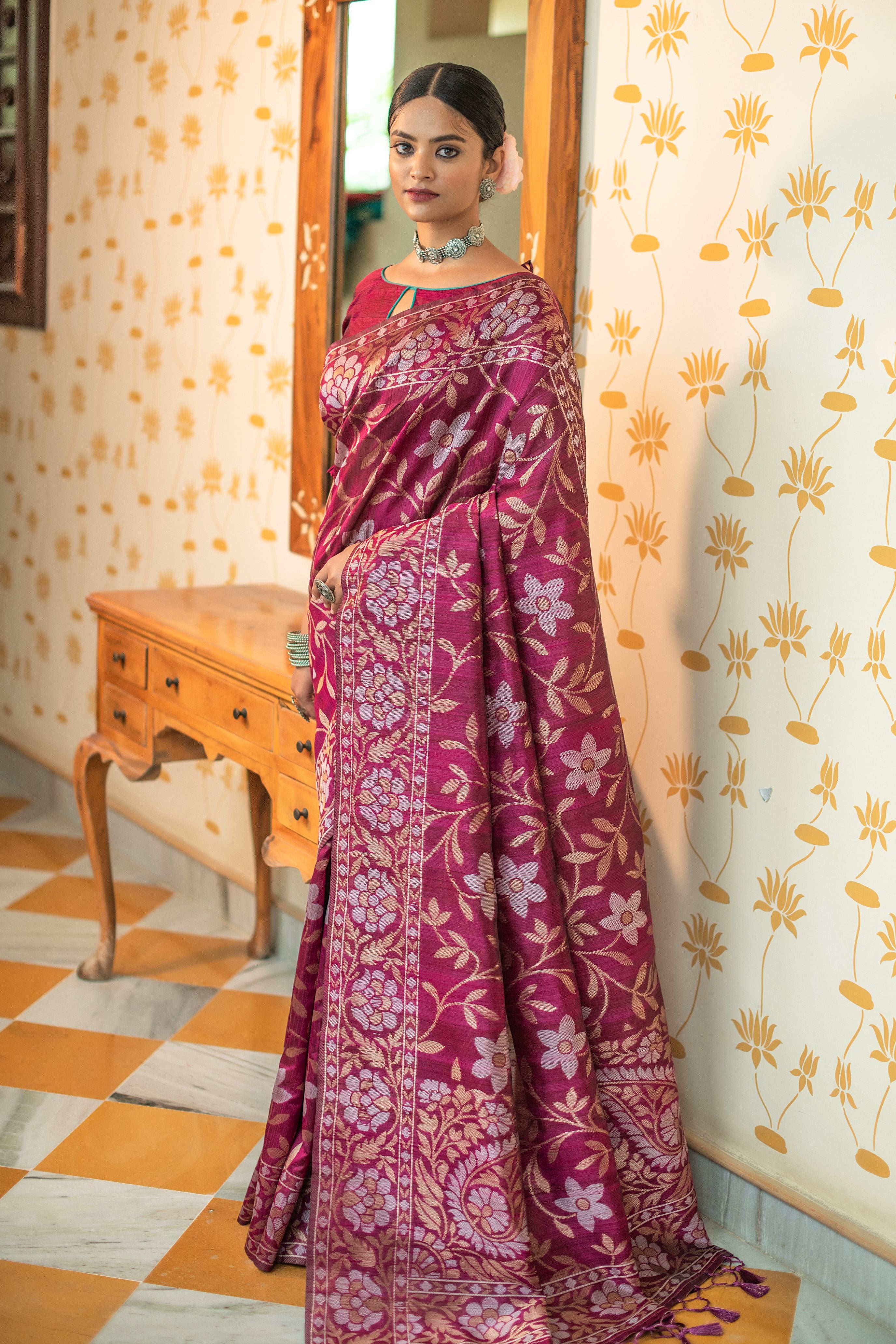 Women's Wine Woven Tussar Silk Saree With Tassels - Vishnu Weaves