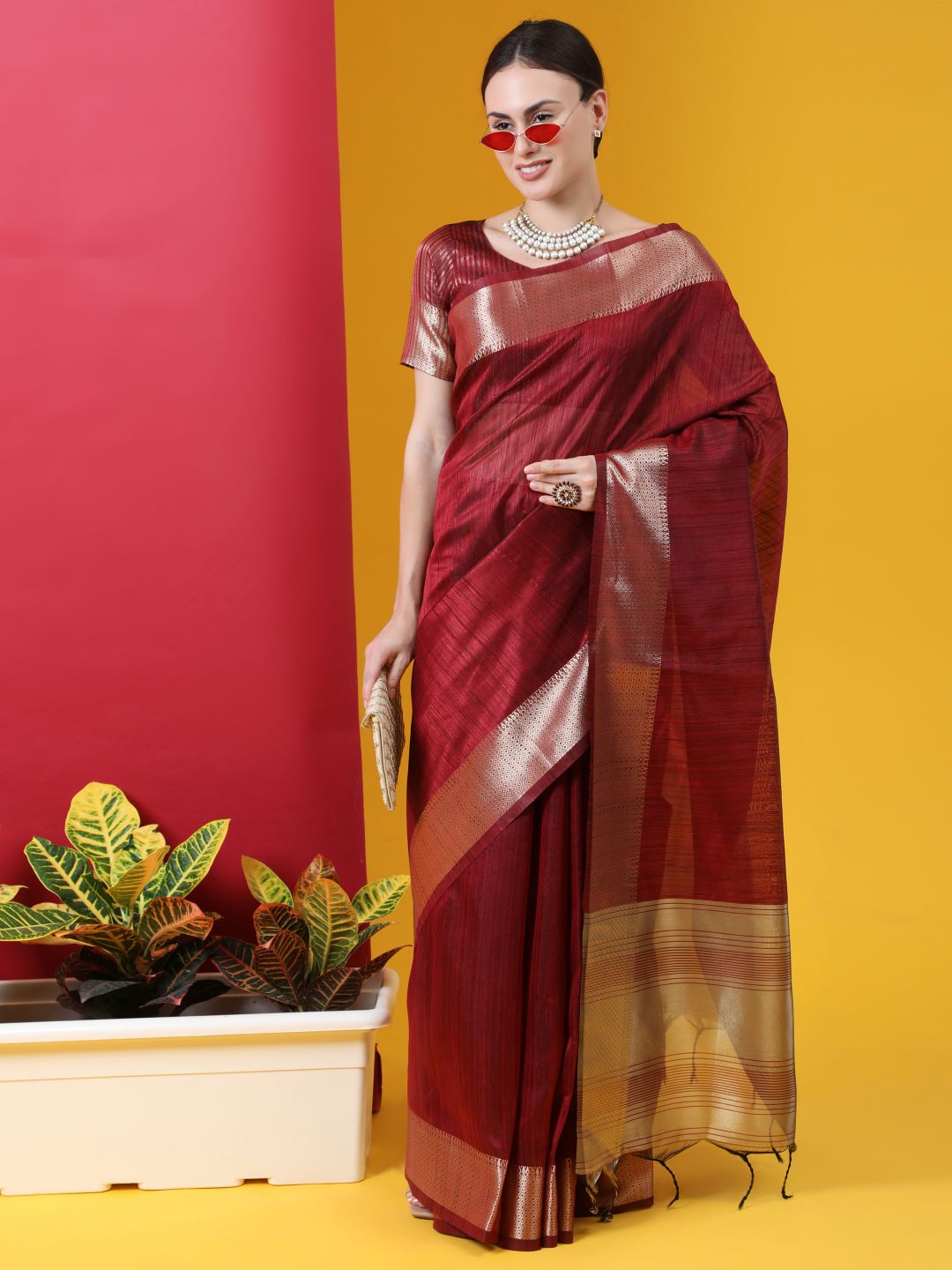Women's Maroon Woven Tussar Silk Saree With Tassels - Vishnu Weaves