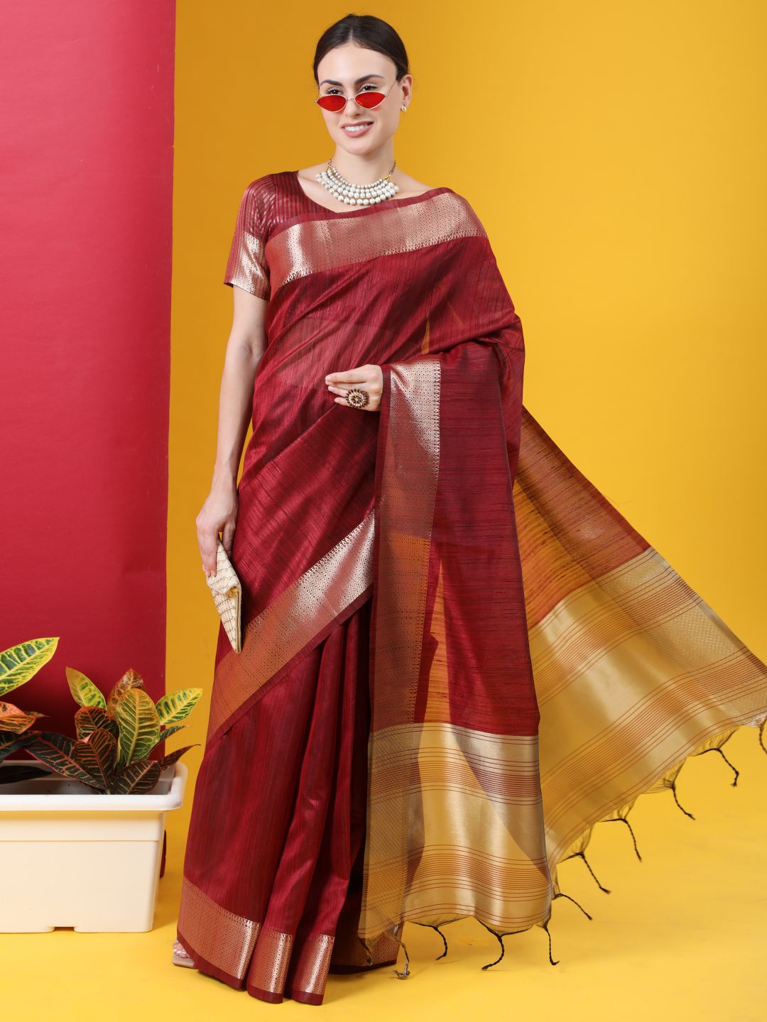 Women's Maroon Woven Tussar Silk Saree With Tassels - Vishnu Weaves