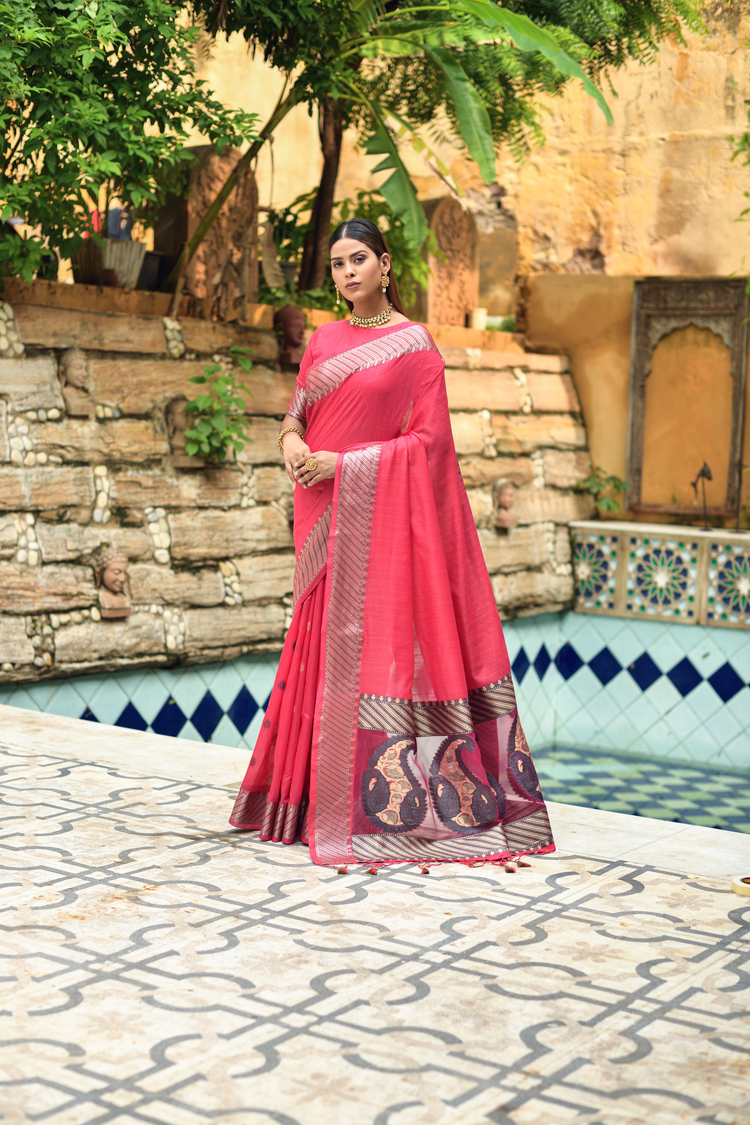 Women's Rani Woven Cotton Silk Saree With Tassels - Vishnu Weaves