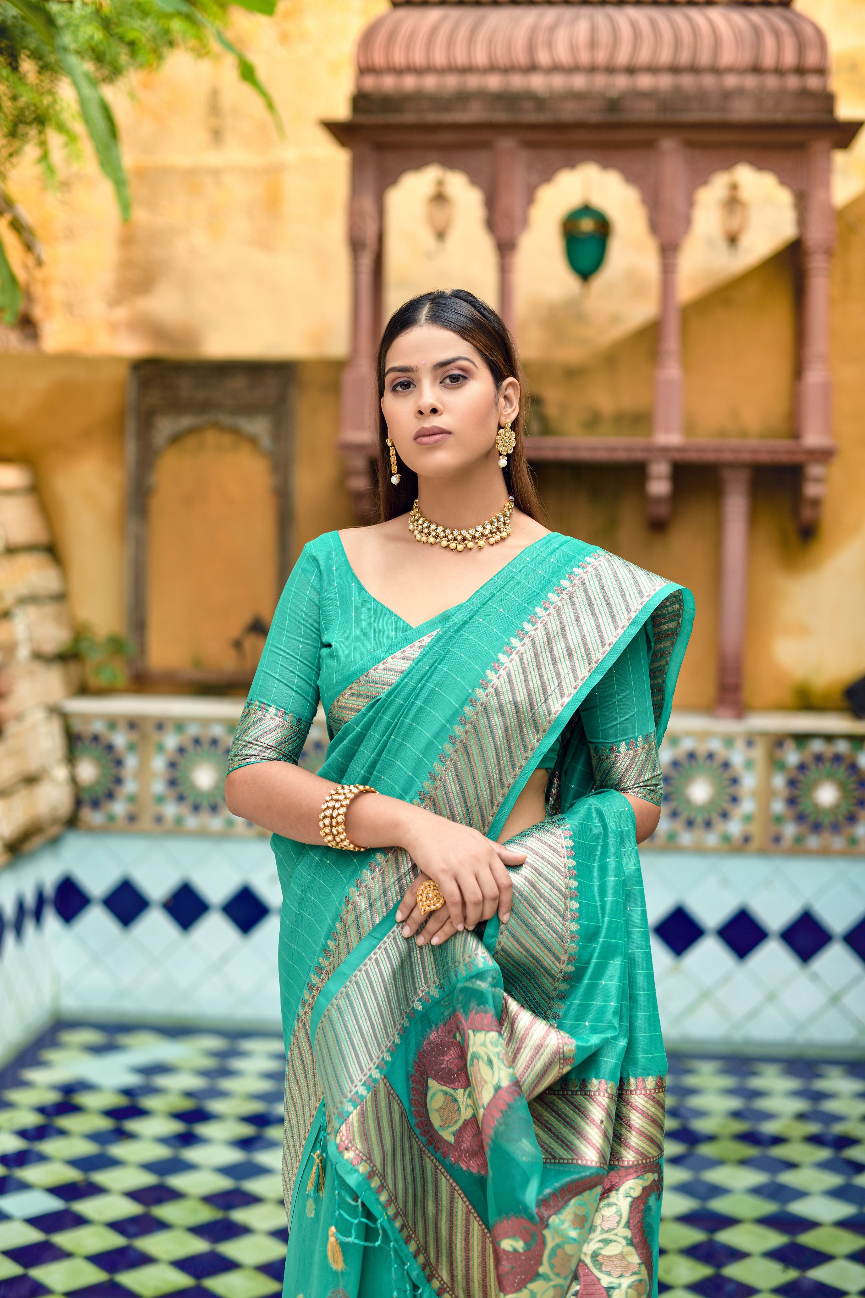 Women's Sea Green Woven Cotton Silk Saree With Tassels - Vishnu Weaves