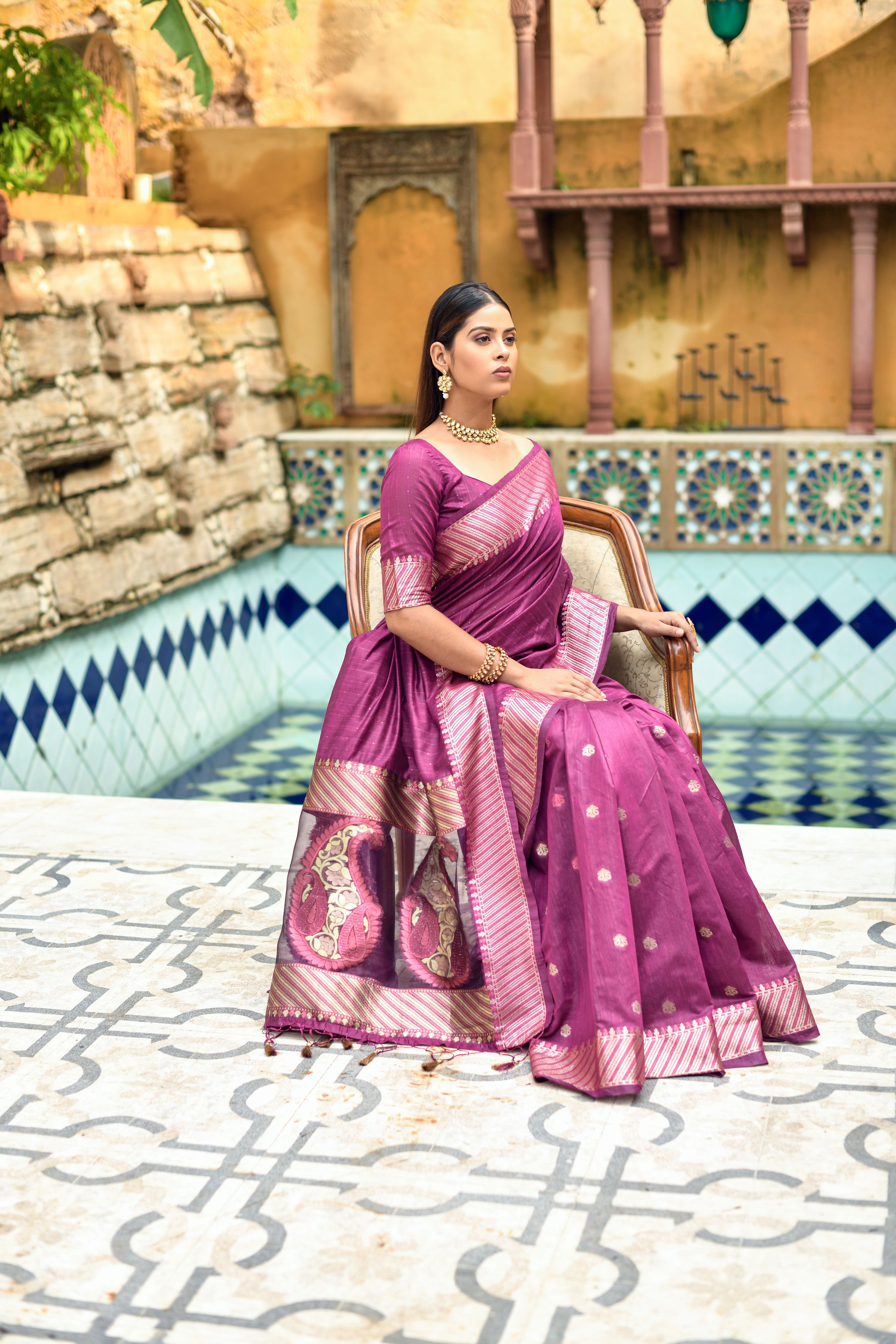 Women's Wine Woven Cotton Silk Saree With Tassels - Vishnu Weaves