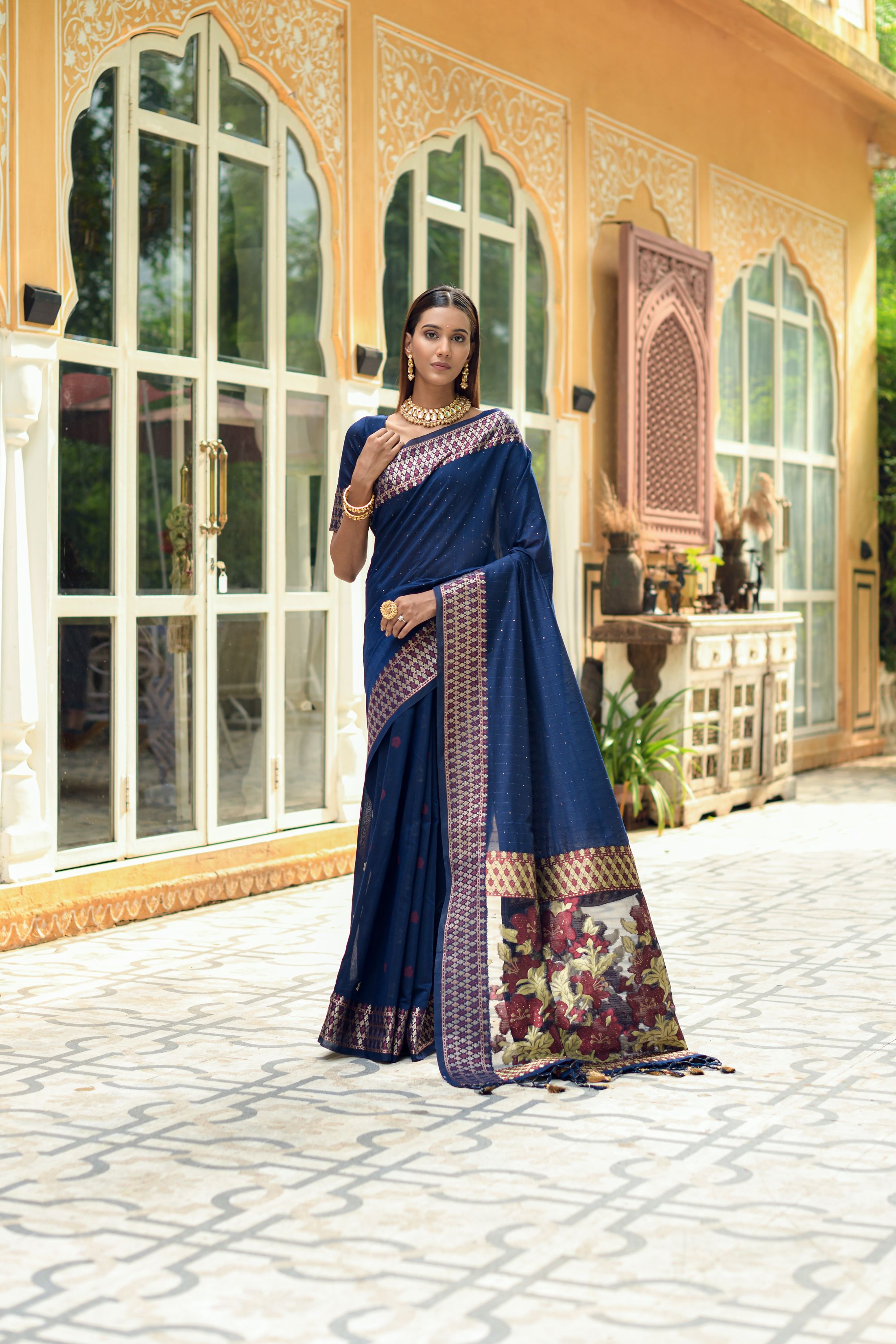 Women's Blue Woven Cotton Silk Saree With Tassels - Vishnu Weaves