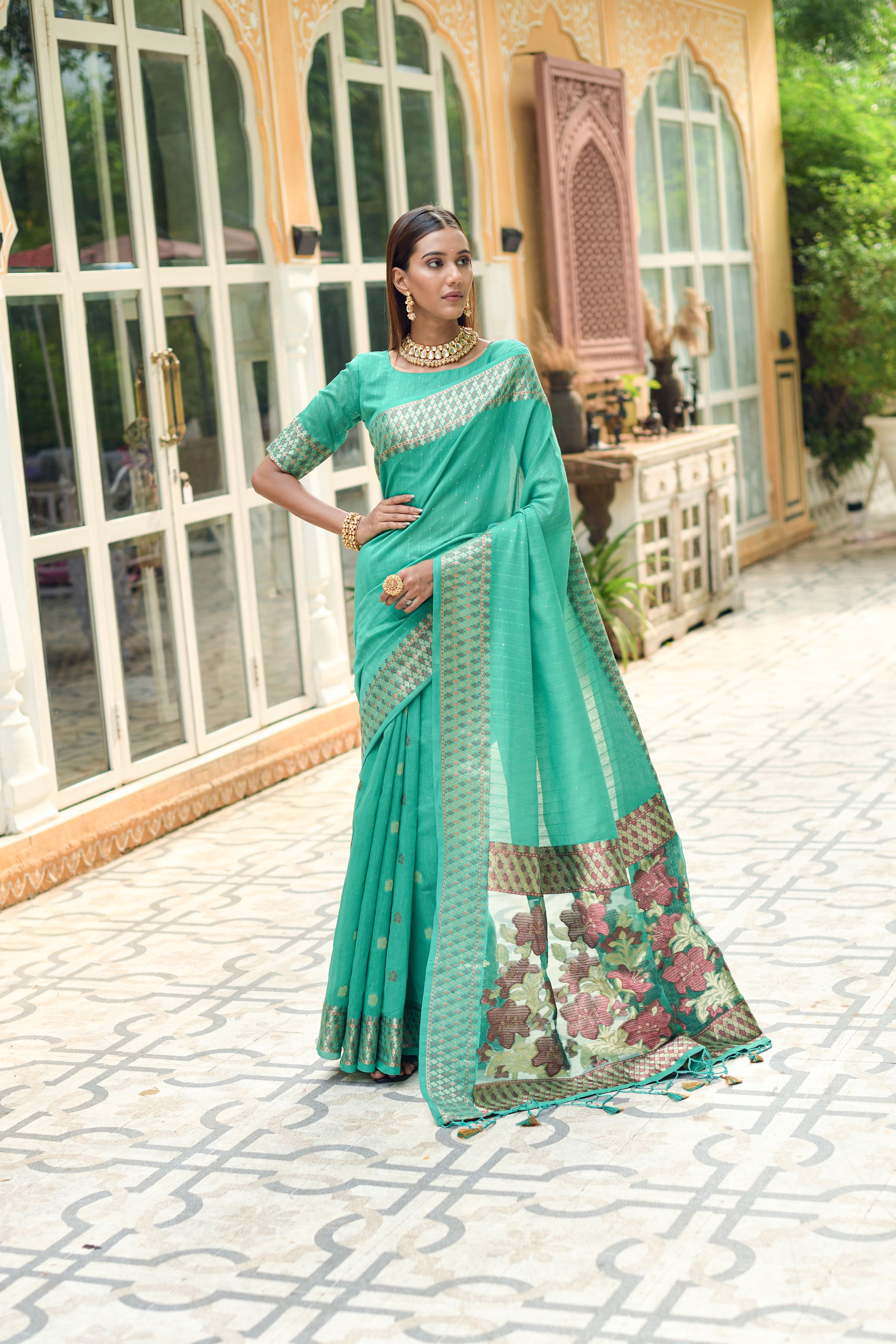 Women's Sea Green Woven Cotton Silk Saree With Tassels - Vishnu Weaves