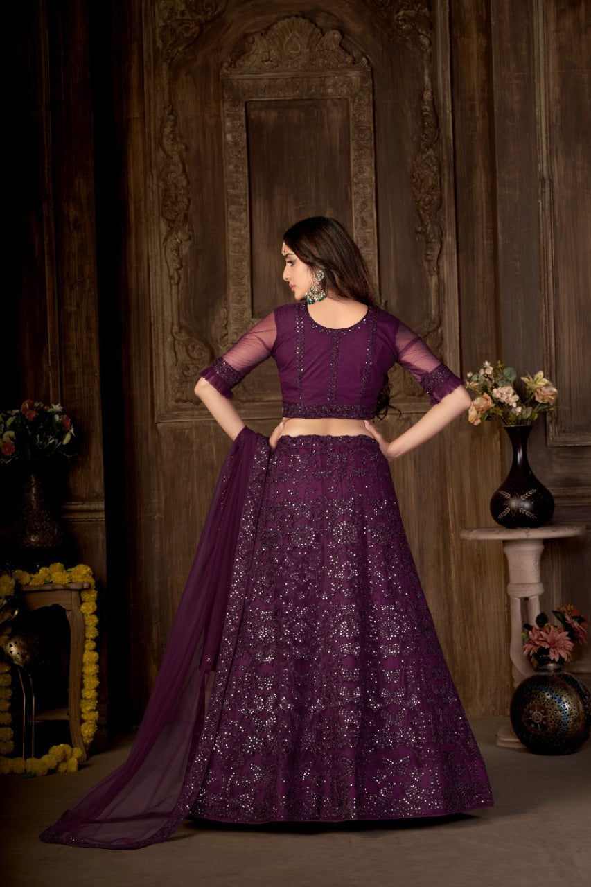 Women's Purple Net Embroidered Lehenga Choli Set - Dwija Fashion