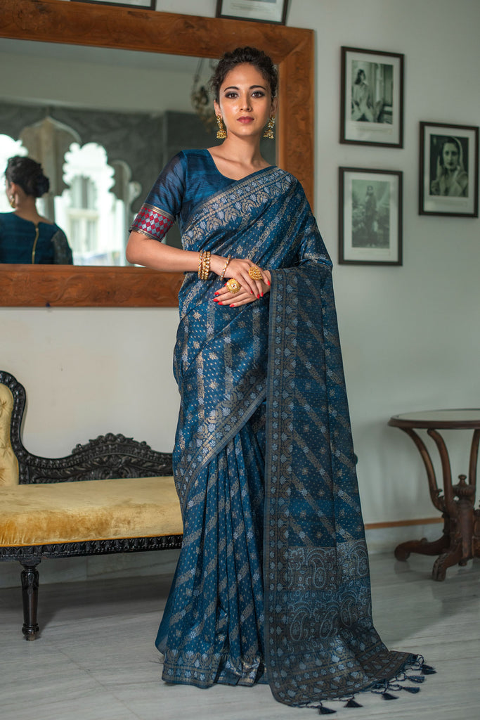 Women's Blue Woven Tussar Silk Saree With Tassels