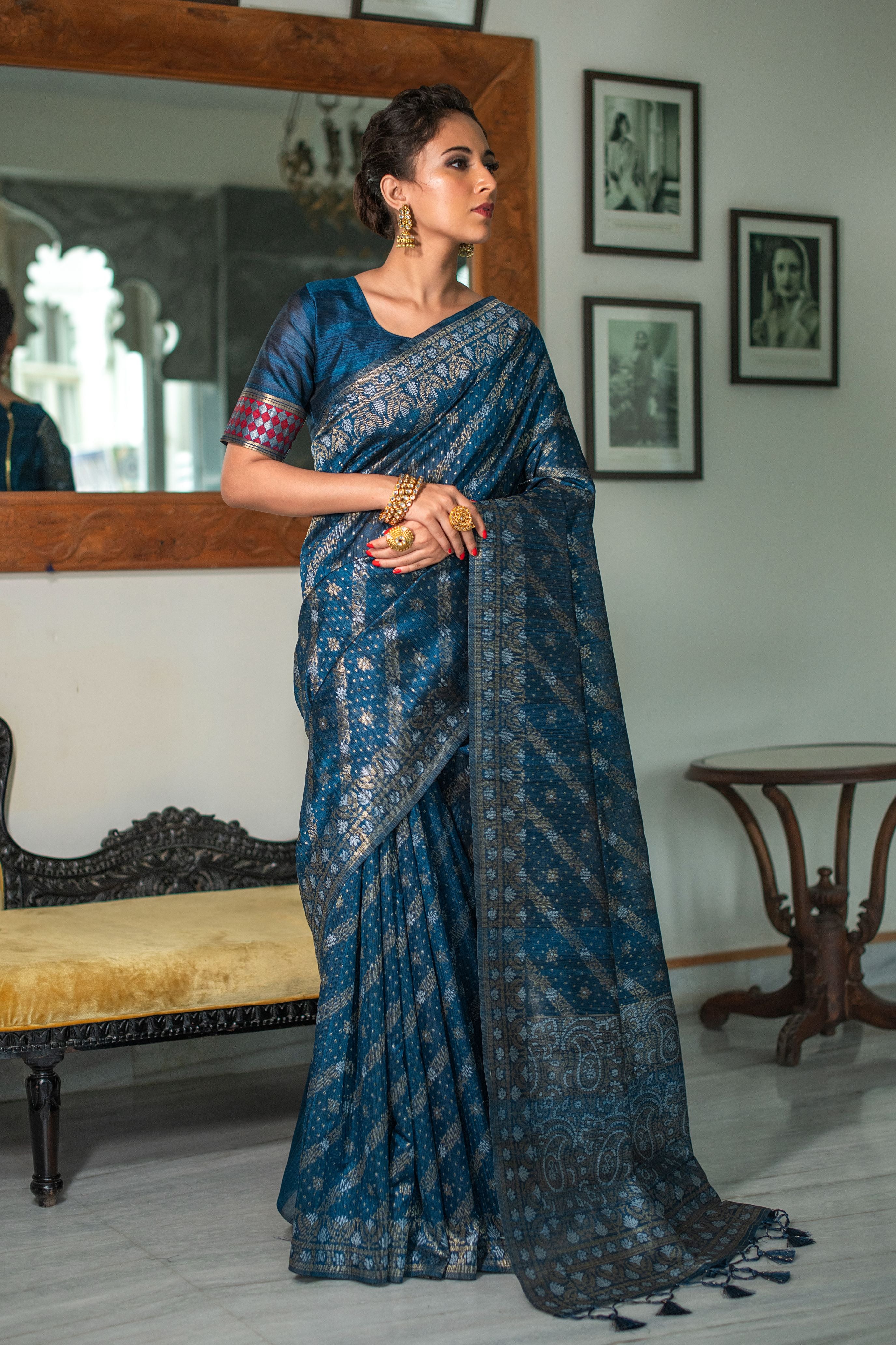 Women's Blue Woven Tussar Silk Saree With Tassels - Vishnu Weaves
