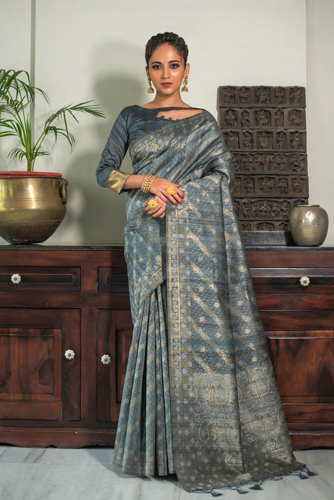Women's Grey Woven Tussar Silk Saree With Tassels
