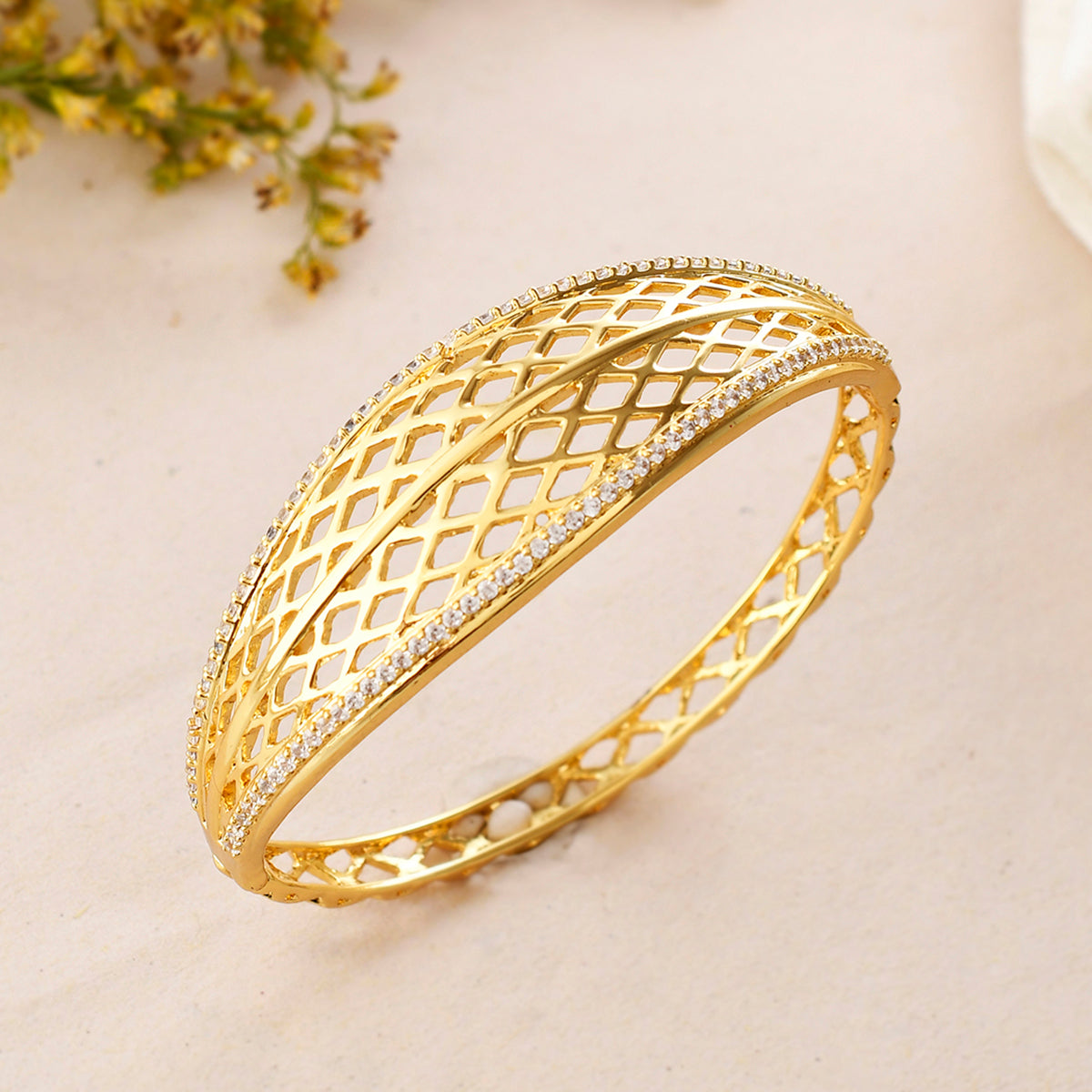 Women's Sparkling Elegance Curved Cutwork Gold Plated Bracelet - Voylla