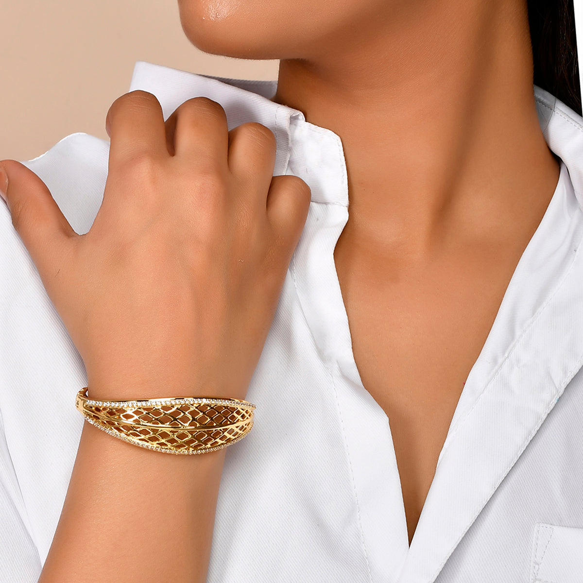 Women's Sparkling Elegance Curved Cutwork Gold Plated Bracelet - Voylla
