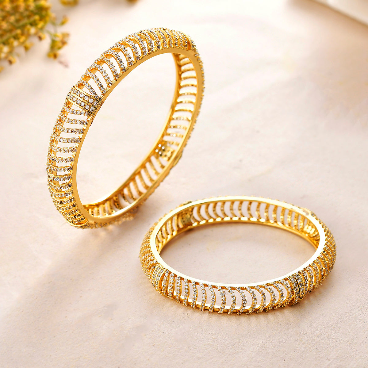 Women's Sparkling Elegance Curved Cz Studded Gold Plated Bangles - Voylla