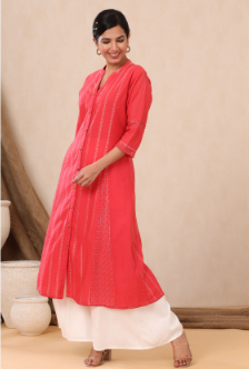 Women's Red Cotton Dobby Printed A-Line Kurta with Mask - Juniper