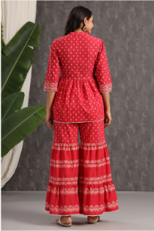 Women's Red Cambric Printed Peplum Tunic Palazzo Set - Juniper