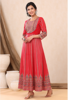 Women's Red Rayon Printed Anarkali Dress - Juniper