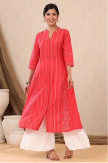 Women's Red Cotton Dobby Printed A-Line Kurta with Mask - Juniper