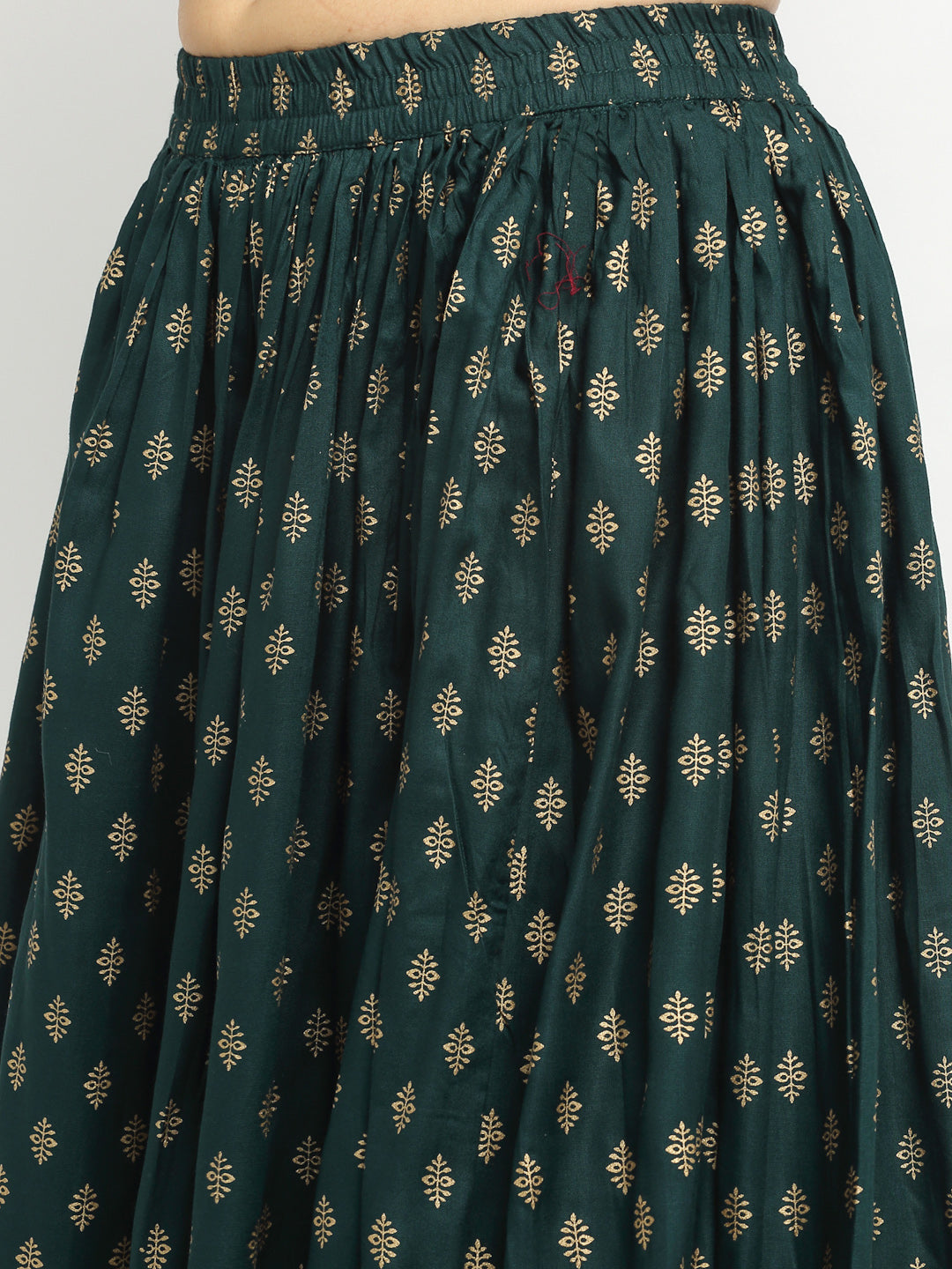 Women's Green Gold Printed Short Kurti With Skirt - Rudra Bazaar