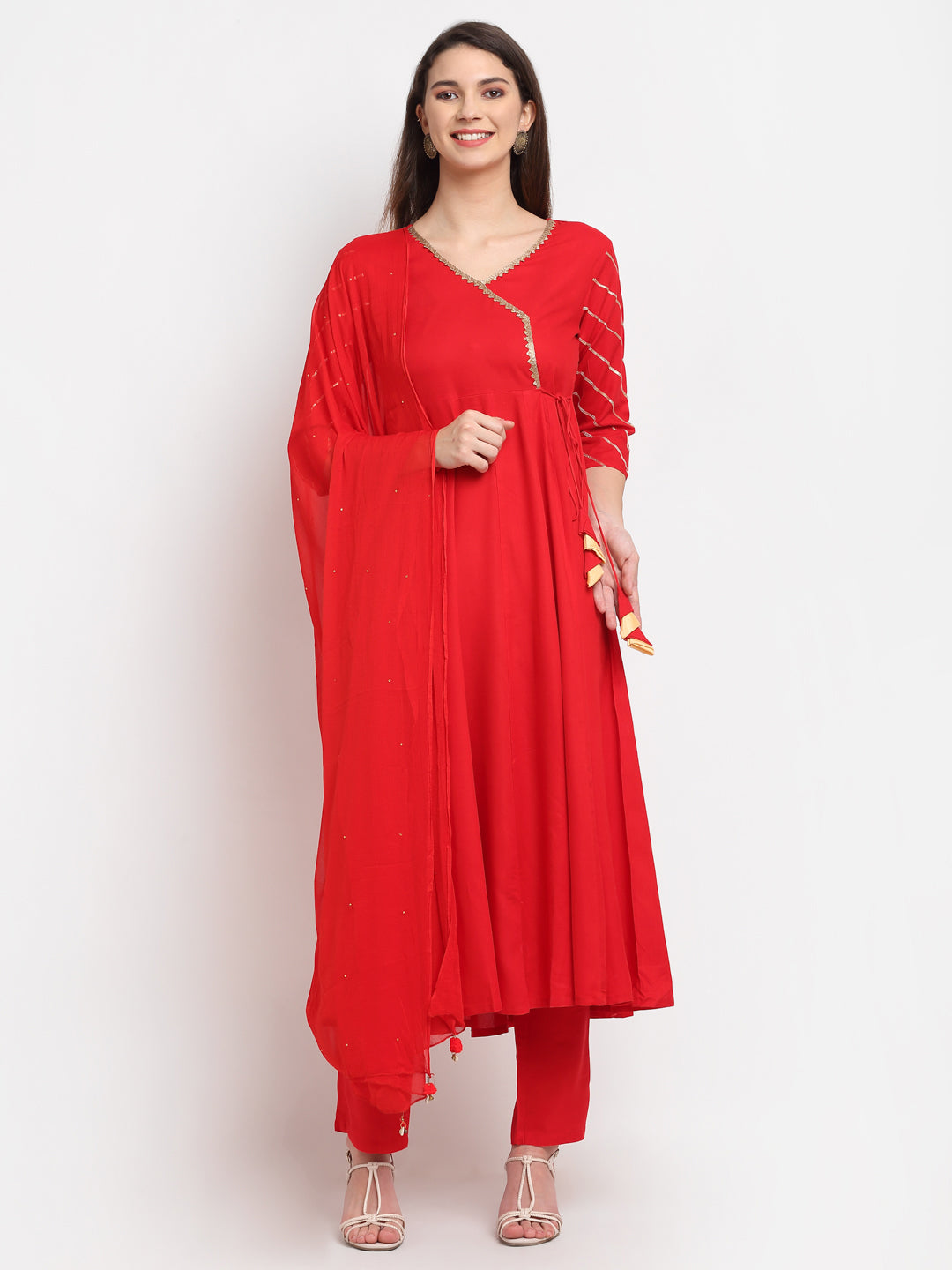 Women's Red Anarkali Kurti And Pyjamas With Duppata - Rudra Bazaar