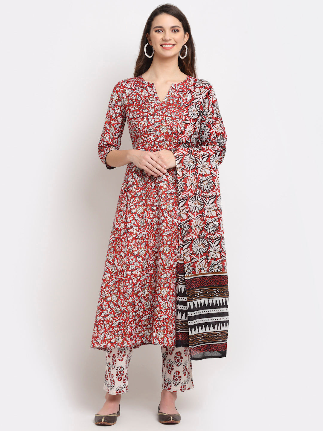 Women's Leaf  Printed Anarkali Suit Set With Duppata - Rudra Bazaar