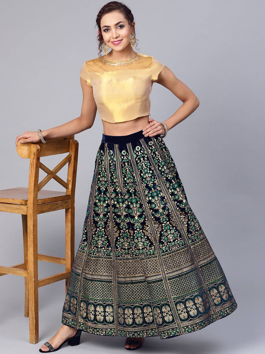 Women's Navy Velvet Foil Print Kalidar Skirt - Juniper
