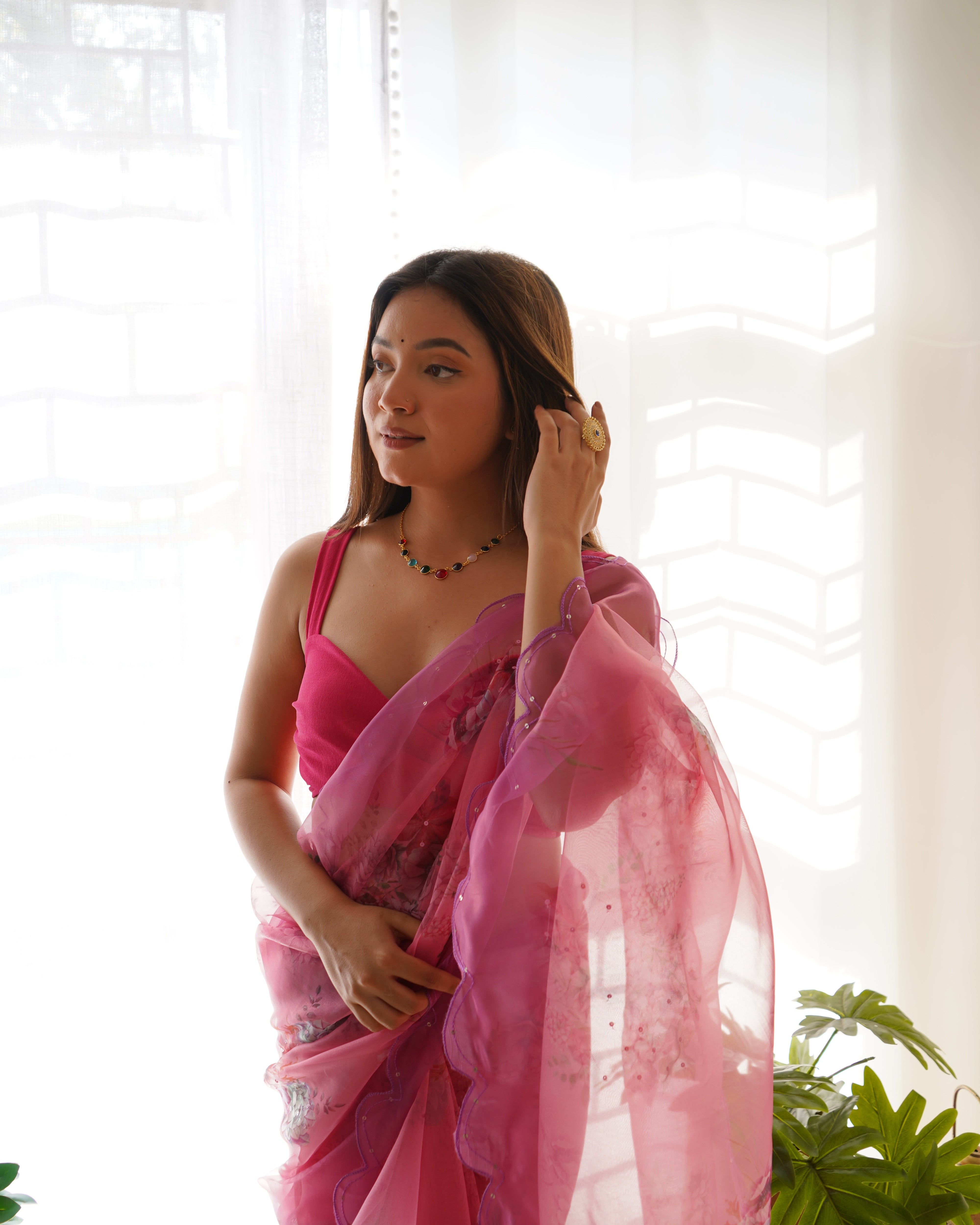 Women's Pink Sequence Aari Work Saree - VAMSEE