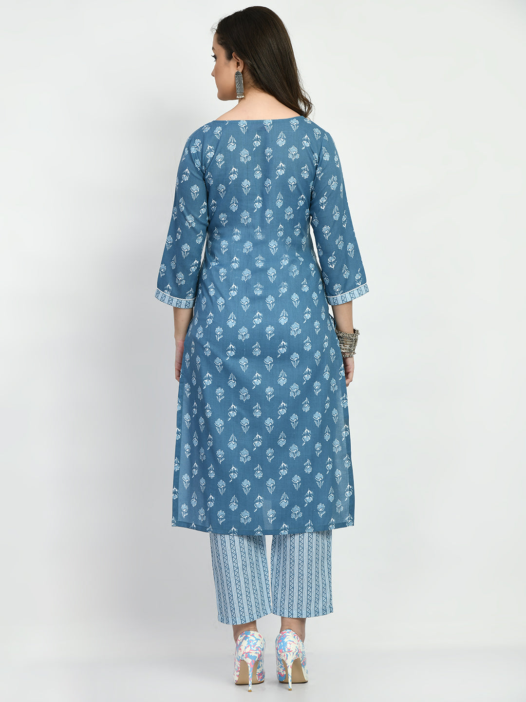 Women's Blue Printed Kurta Pant With Dupatta Set - Noz2Toz