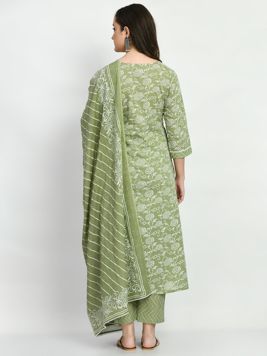 Women's Green Printed A Line Kurta Pant With Dupatta Set - Noz2Toz