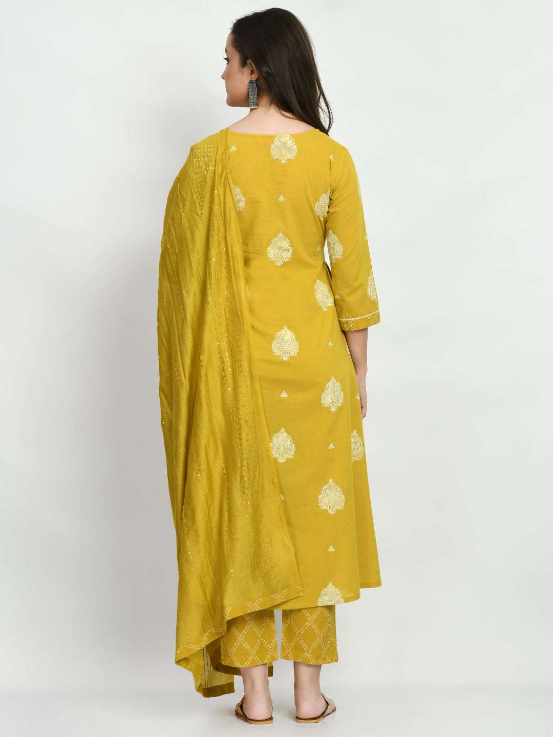 Women's Mustard Printed A Line Kurta Pant With Dupatta Set - Noz2Toz