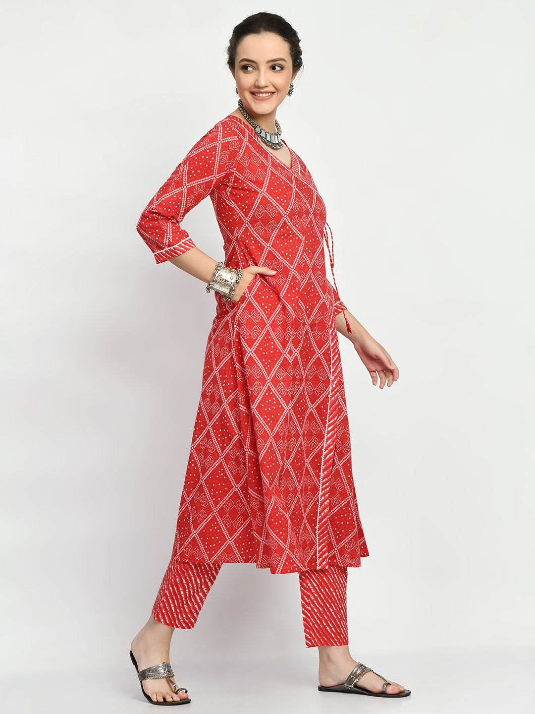 Women's Red Printed A Line Kurta Pant With Dupatta Set - Noz2Toz