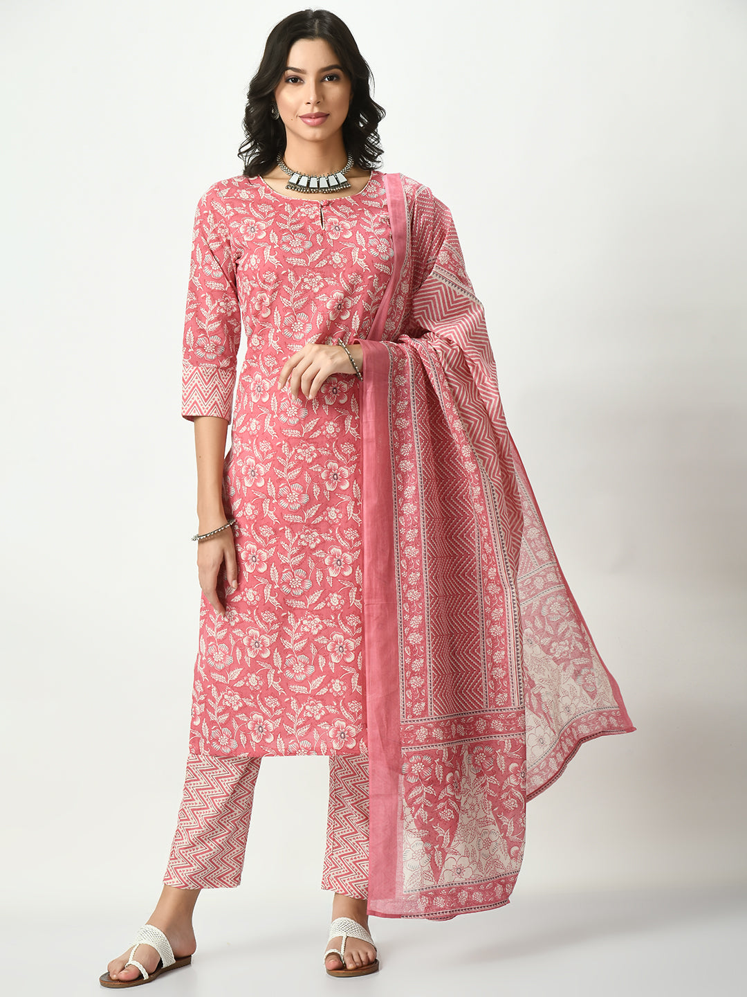 Women's Pink Printed Pure Cotton Kurta With Trousers & Dupatta - Noz2Toz