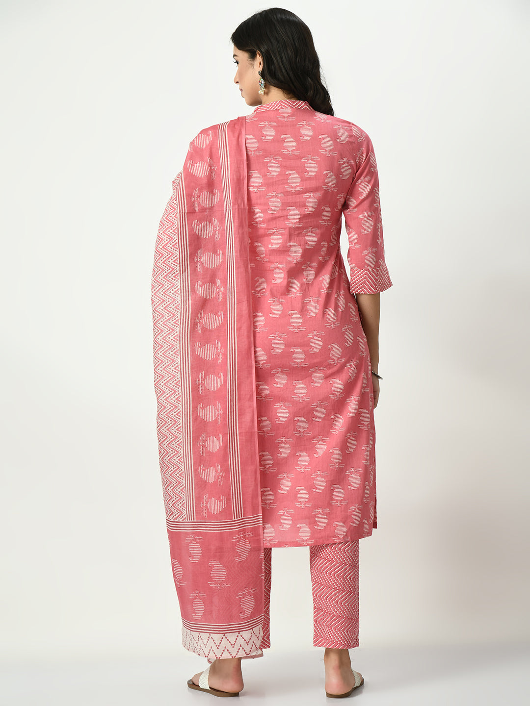 Women's Pink Printed Pure Cotton Kurta With Trousers & Dupatta - Noz2Toz