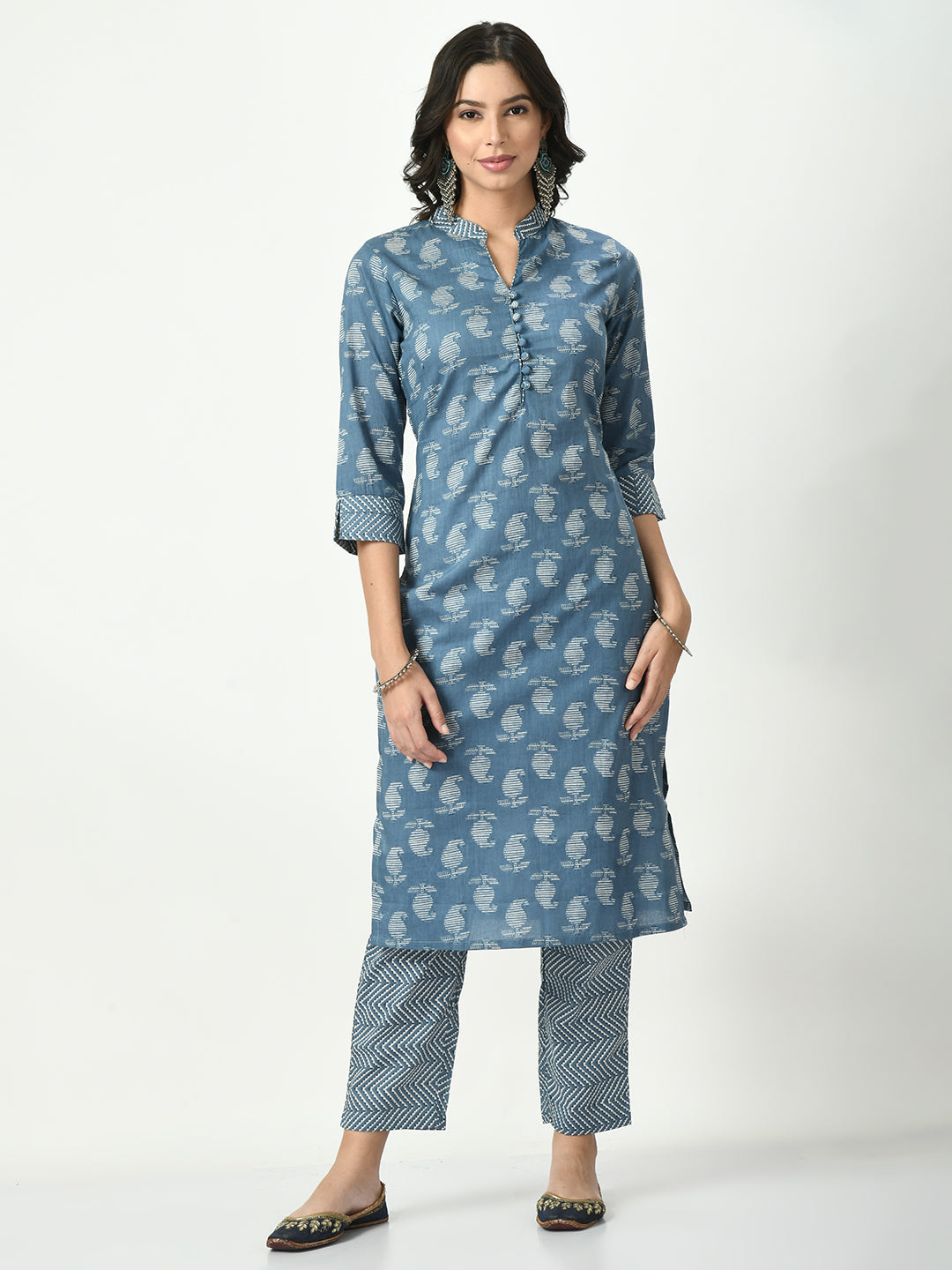 Women's Blue Printed Pure Cotton Kurta With Trousers & Dupatta - Noz2Toz