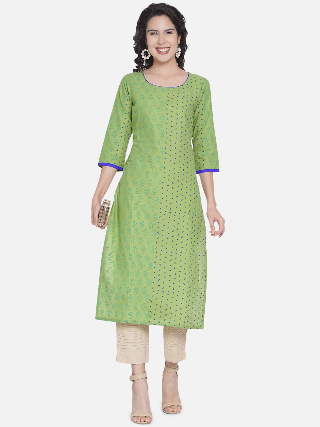 Women's Pastel Green Ajrakh Hand Block Cotton Printed Straight Kurta - Wahe-Noor