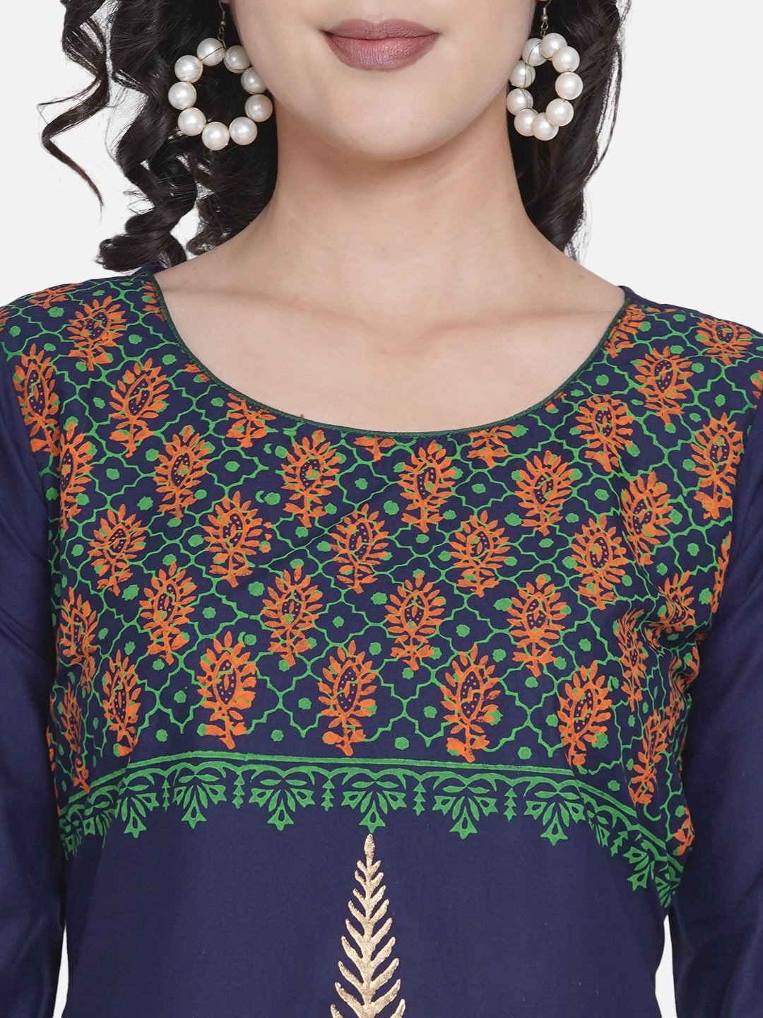 Women's Indigo And Golden Ajrakh Hand Block Cotton Printed Straight Kurta - Wahe-Noor