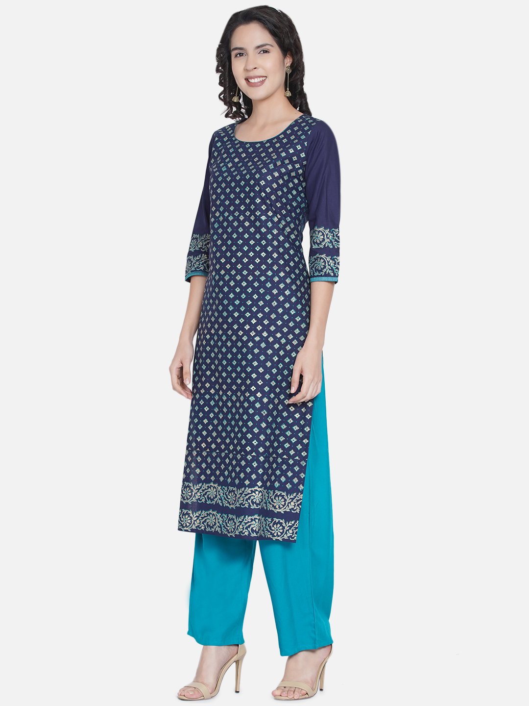 Women's Indigo And Turquoise Floral Ajrakh Hand Block Cotton Printed Straight Kurta - Wahe-Noor