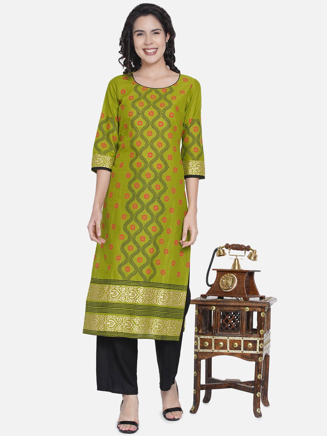 Women's Turtle Green Ajrakh Hand Block Cotton Printed Straight Kurta - Wahe-Noor