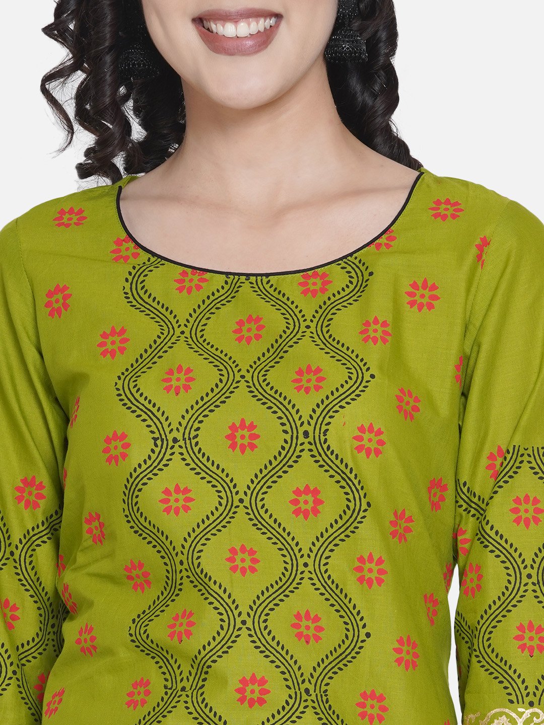 Women's Turtle Green Ajrakh Hand Block Cotton Printed Straight Kurta - Wahe-Noor