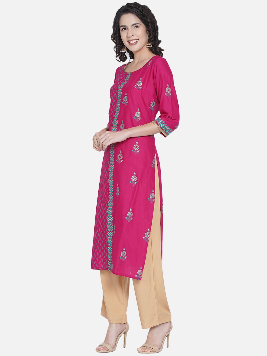 Women's Pink Floral Print Ajrakh Hand Block Cotton Printed Straight Kurta - Wahe-Noor