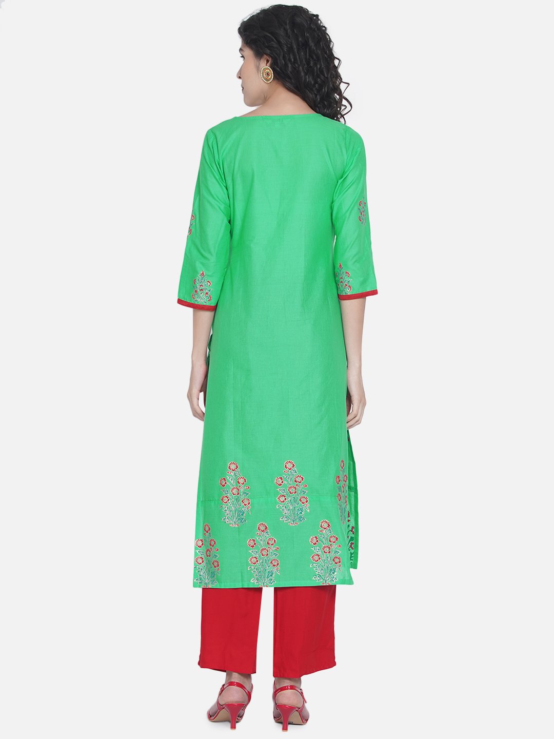 Women's Pista Green Ajrakh Hand Block Cotton Printed Straight Kurta - Wahe-Noor