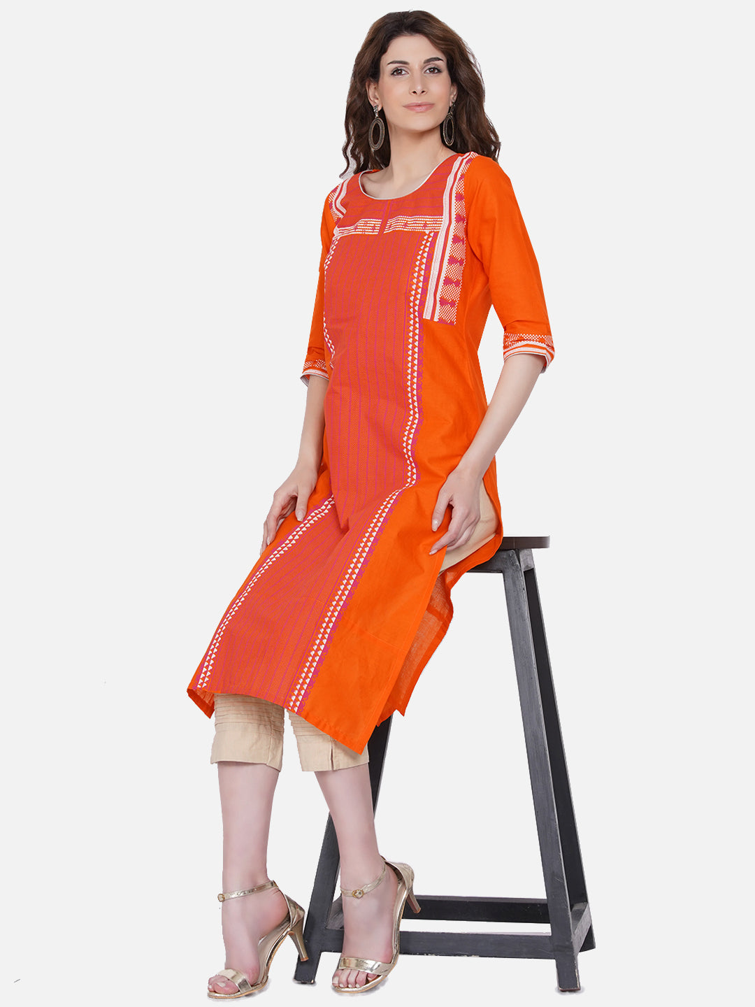 Women's Orange Printed Block Print Pure Cotton Kurta - Wahe-Noor
